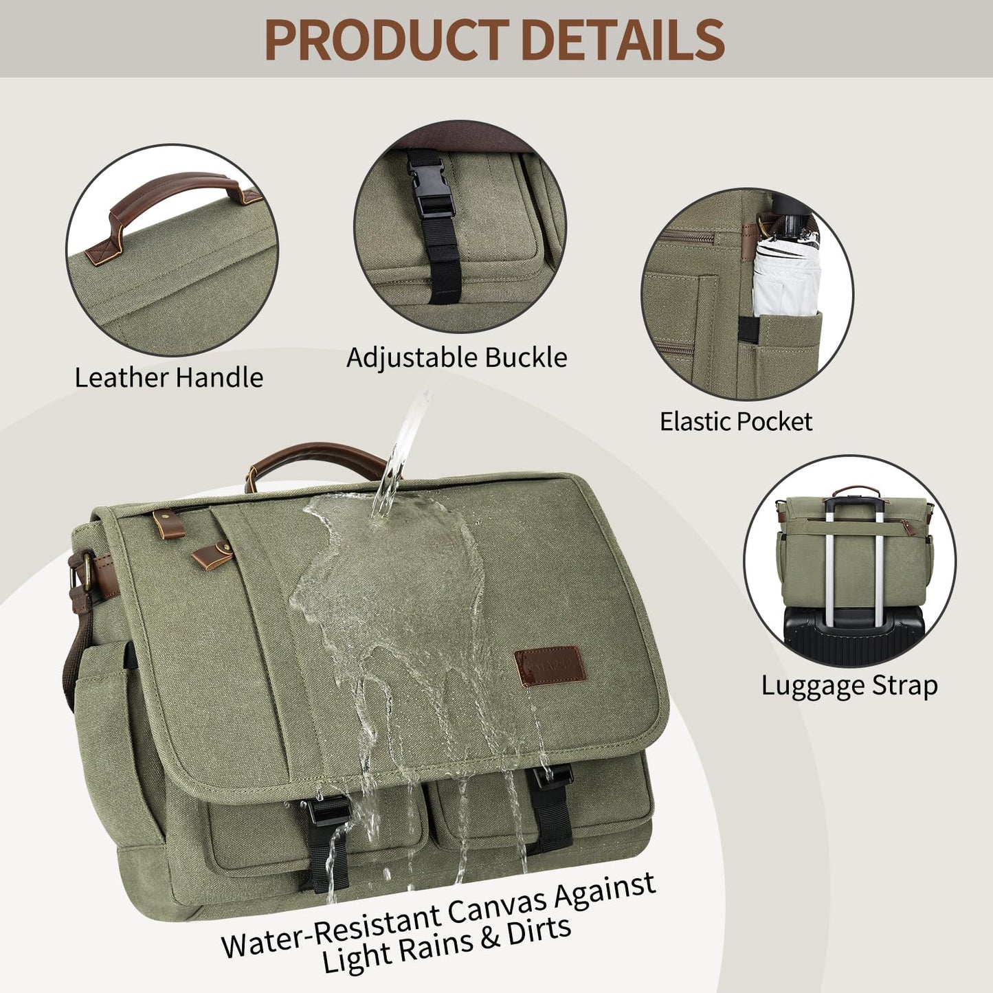 ESTARER Messenger Bag 17.3 Inch, Mens Computer Bag Water-resistant Canvas, Laptop Bag Satchel Briefcase for Teacher/College/Work/Travel, Army Green