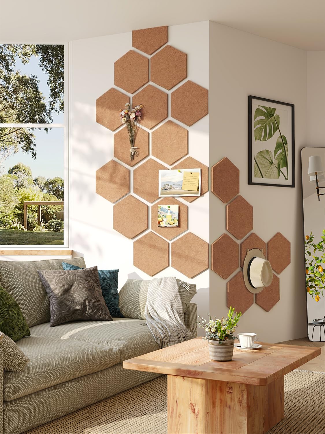 Uoisaiko 12" Large Bulletin Board with 30 Push Pins, Pack of 8 Hexagon Felt Pin Board Notice Boards for Home Office, Felt Wall Tiles for Photos Memos (Brown)