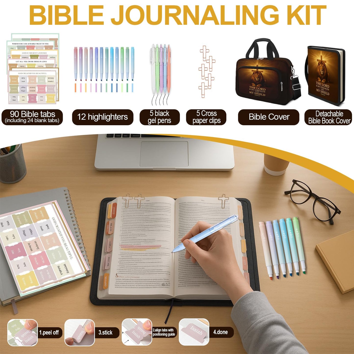 IBOVODI Lion Cross Bible Cover Case for Mens, Large Bible Carrying Book Case Church Bag with Strap & Handle Zipper Pocket, Bible Study Supplies Journaling Kit, Highlighters Tabs Pens Cross Clips