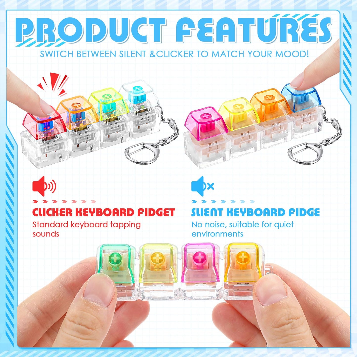 Halloscume 8 Pcs Silent and Click Keyboard Adult Fidget Clicker Toy 4-in-1 Keyboard Fidget Keychain Mechanical Key Button Clicker Stress Relief Gift for Office School Home (Transparent Color)