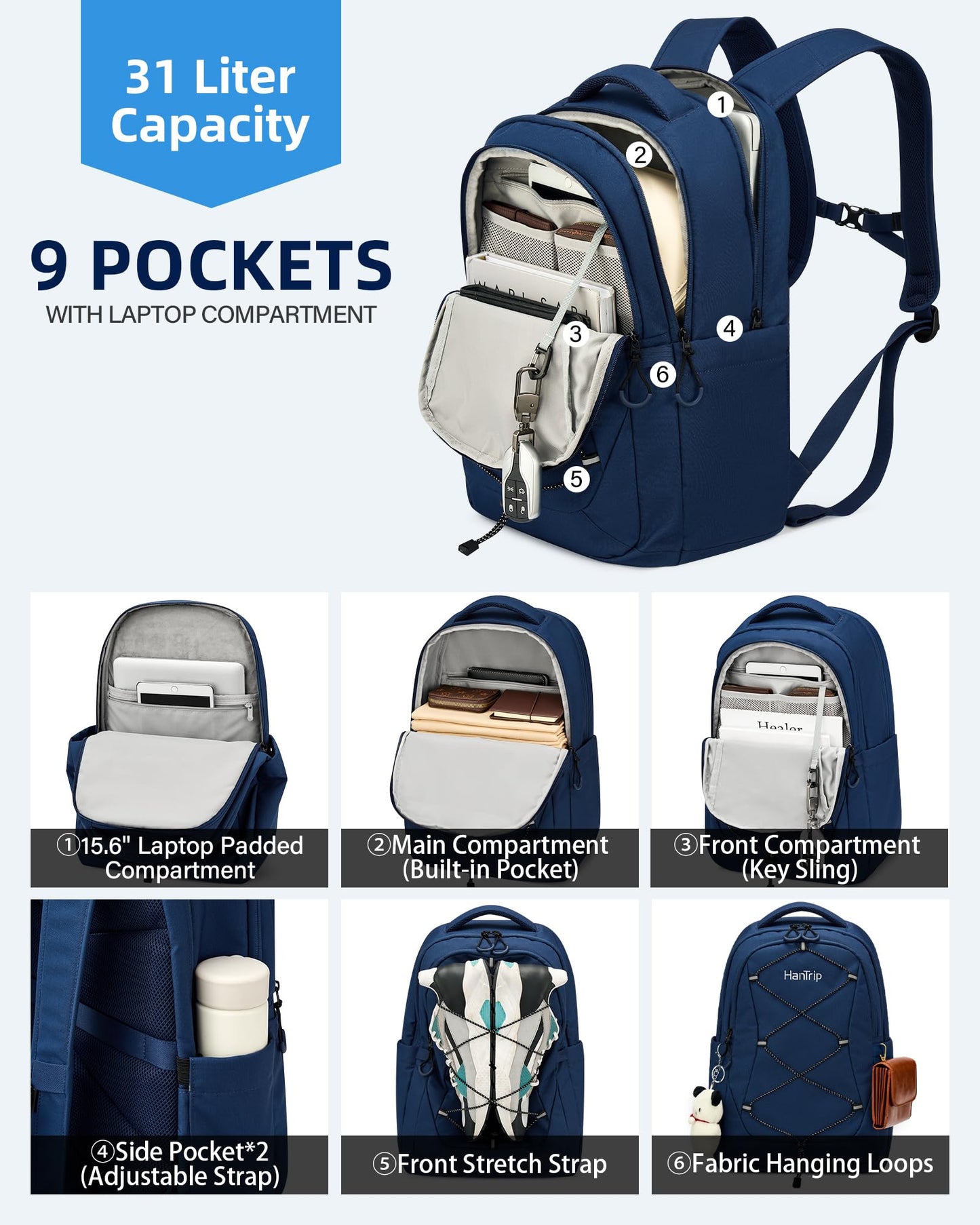 HanTrip Travel Laptop Backpacks for Women Men, Large Work Backpack for Commuter College School Book Bags, Reflective Water Resistant Backpack with Luggage Strap Bottle Pocket Chest Strap, Navy Blue