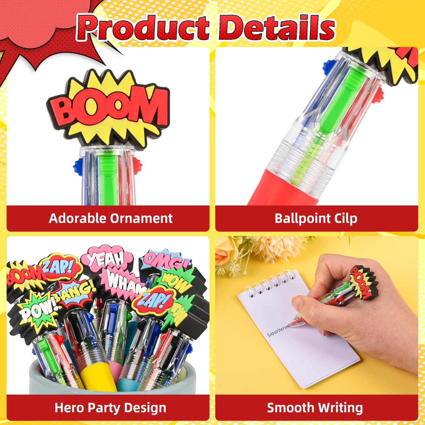 LiYiQ 25 Pcs Hero Theme Multicolor Pen in One Cartoon Cute Fun 4-in-1 Cute Pens Bulk Kawaii Hero Theme Boom Wow Pow Conversation Cool Ballpoint Pens for Fun Gifts