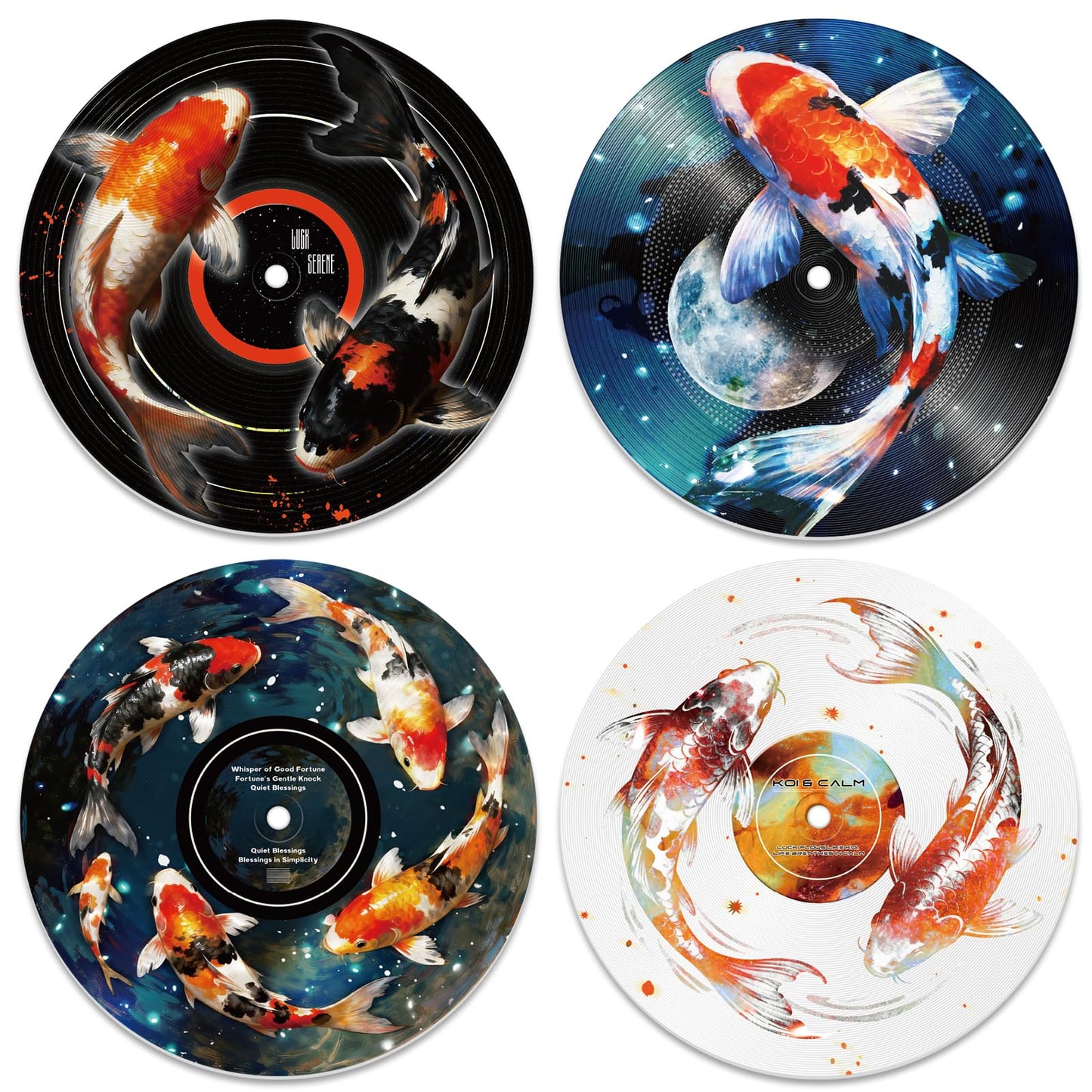 DOODLREAM 4PCS Koi Fish Vinyl Record Wall Decor 12" Hippy Koi Wall Art Posters for Room Aesthetic, Retro Record Decor for Music Party Studio Living Room DIY Craft Project