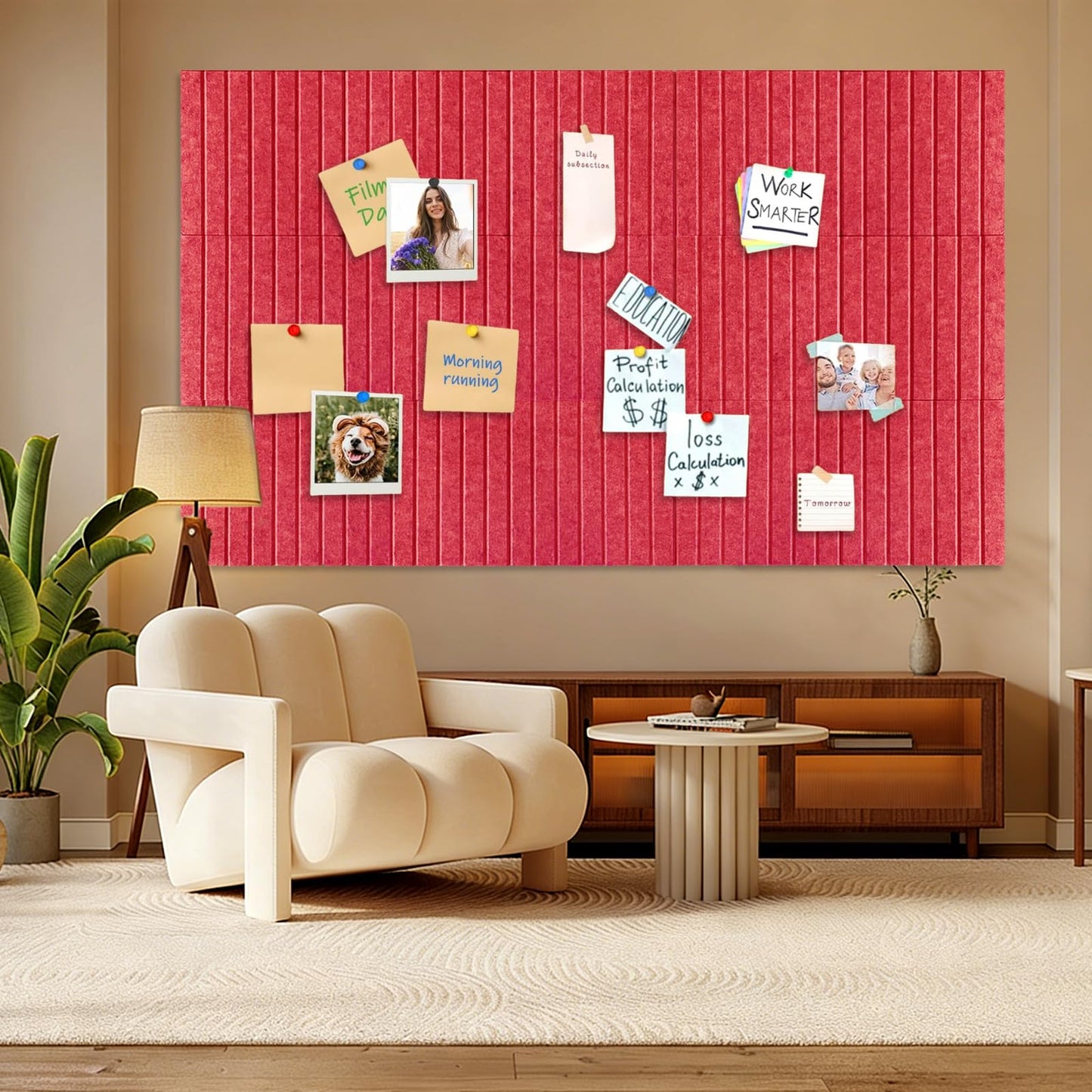 15 Pack Felt Bulletin Board, 35" x 59" Large Red Pinboard with 30 Push Pins, Felt Pin Board, Self-Adhesive Cork Board Tiles for Home, Office Walls, School Classroom Message Photos Display