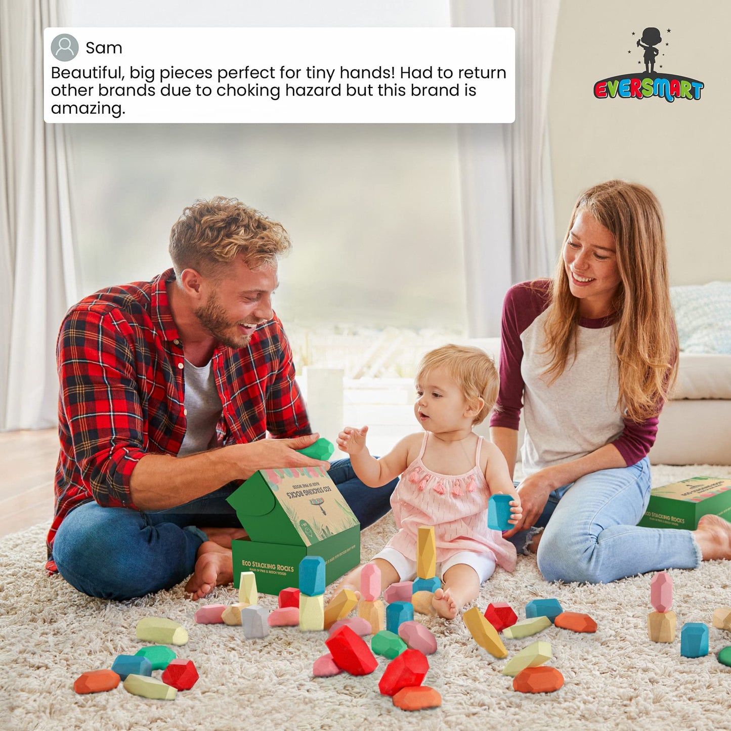 EVERSMART 36 Pcs Wooden Stacking Blocks – Montessori Toys for 1 2 3 4 5 6 Year Old Toddlers and Kids, XL Rocks, No Choking Hazard – Sensory STEM Building Stones, for Girls and Boys