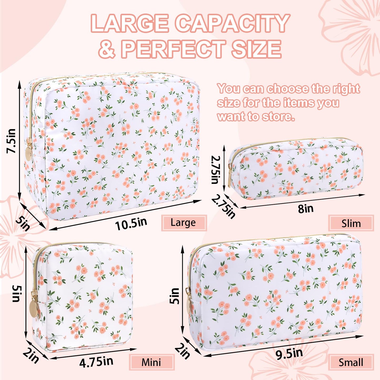 UIXIZQ Waterproof Large Floral Makeup Pouch,Nylon Travel Toiletry Storage Purse Preppy Cosmetic Bag for Women Girl,Large Capacity Makeup Organizer Zipper Pouch for Work(L White-Flowers)
