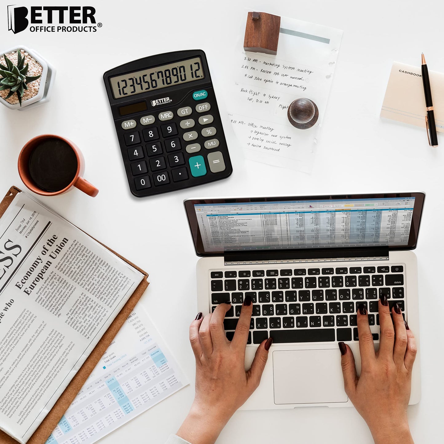 Better Office Products Large Desktop Calculators, 5 Pack, 12-Digit LCD Display, Angled Display Panel, Standard Function, Black, Dual Power with Included AA Battery Power, 5 Pack