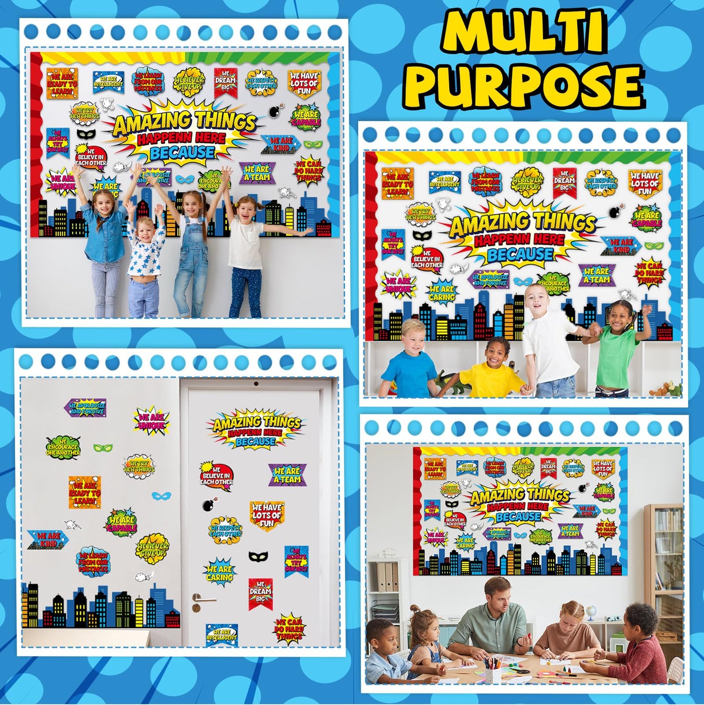 Hero Themed Bulletin Board Set Amazing Things Happen Here Classroom Decoration Motivational Positive Affirmation Super Themed Paper Cutouts for Tropical School Chalkboard Wall Decor Supplies