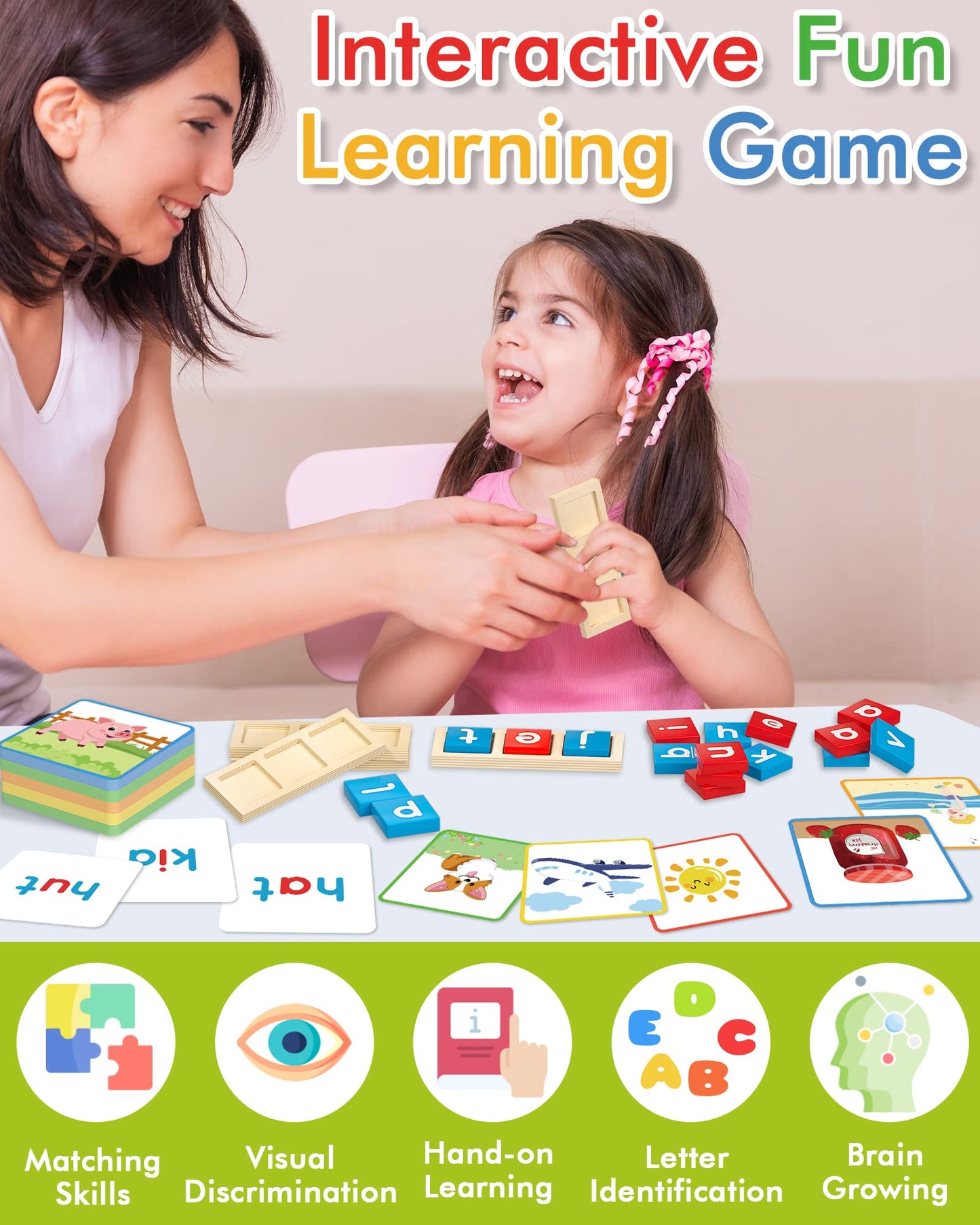 Wooden CVC Word Spelling Games, Montessori Educational Learning Toys Gifts for 3 4 5 6 Year Old Kids, Preschool Kindergarten Learning Activities, Sight Words Flash Cards Reading Letters for Toddlers