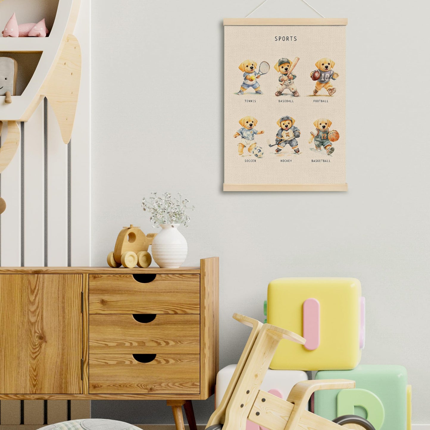 MOTERMATE Labrador Retriever Sports Poster Hanger Frame, Sports Nursery Wall Hanging Decor Art Framed for Toddler Kids Boy Nursery Room Bedroom Playroom, Yellow Lab Dog Wall Poster Prints, 12x16 Inch