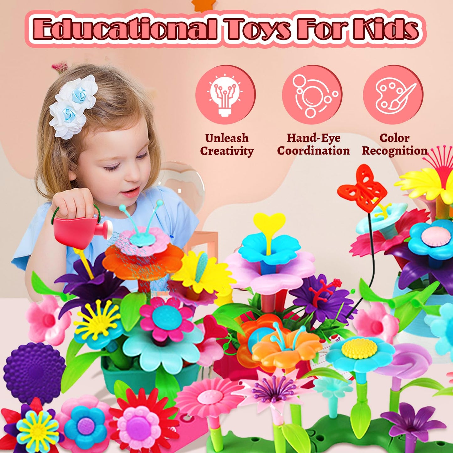 FUNZBO 109pcs Flower Garden Building Toy Set - Spring Toys for 3 4 5 6 7 Years Old Girl, STEM Montessori Educational Toy for Kid Toddler, Sorting & Stacking Building Block Birthday Gift for Girls