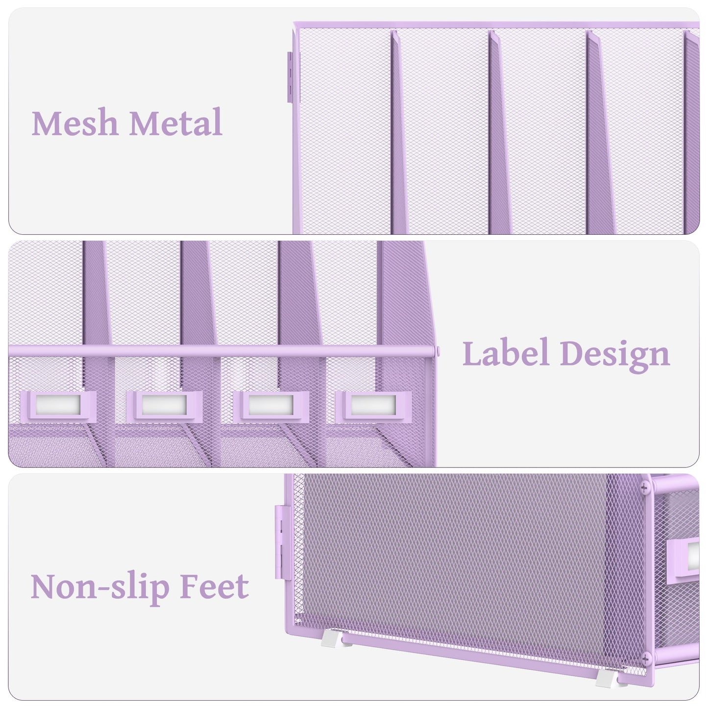 SUPEASY Desk Organizers Metal Desk Magazine File Holder with 5 Vertical Compartments Rack File Organizer for Office Desktop, Classroom, Home Workspace, Purple