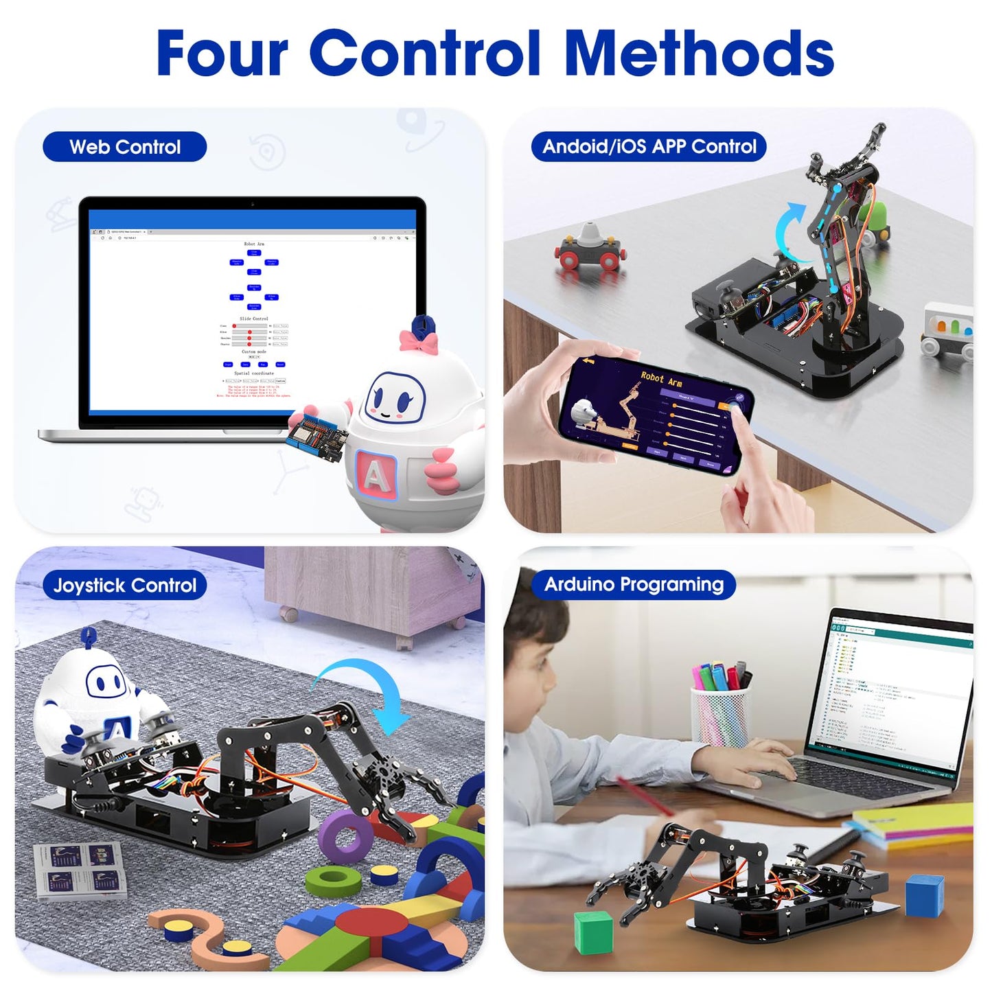 4DOF Robotic Arm Kit for Kids Compatible with Arduino IDE, Programming ESP32 Smart Robot Arm Building Kit STEM Educational Desktop Toy with Joystick and Web App Control for Children Ages 8+ and Adults
