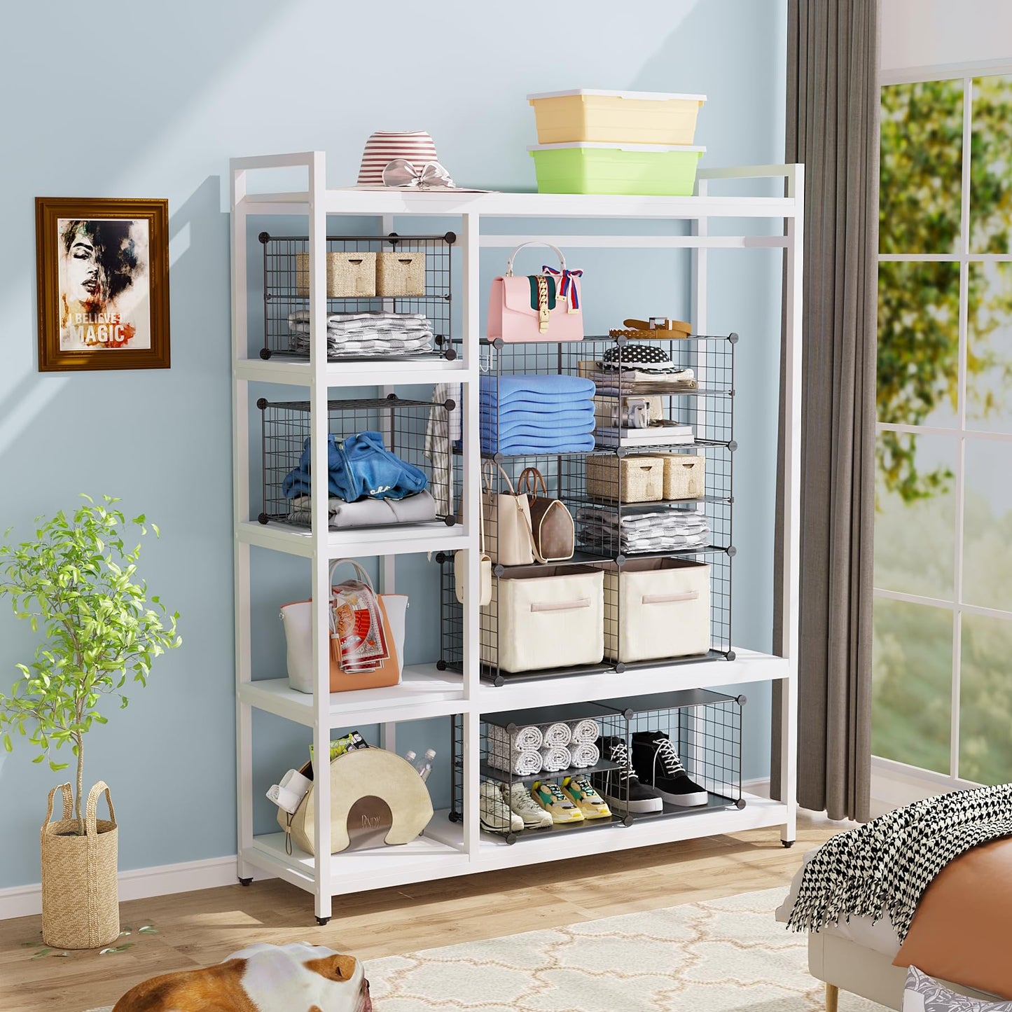 C&AHOME Wire Cube Storage Unit, Interlocking Metal Wire Organizer with Divider Design, Modular Cabinet with Plastic Panels, Bookshelf Stackable Closet Organizer with Small Hooks, Black UWCSIM08B
