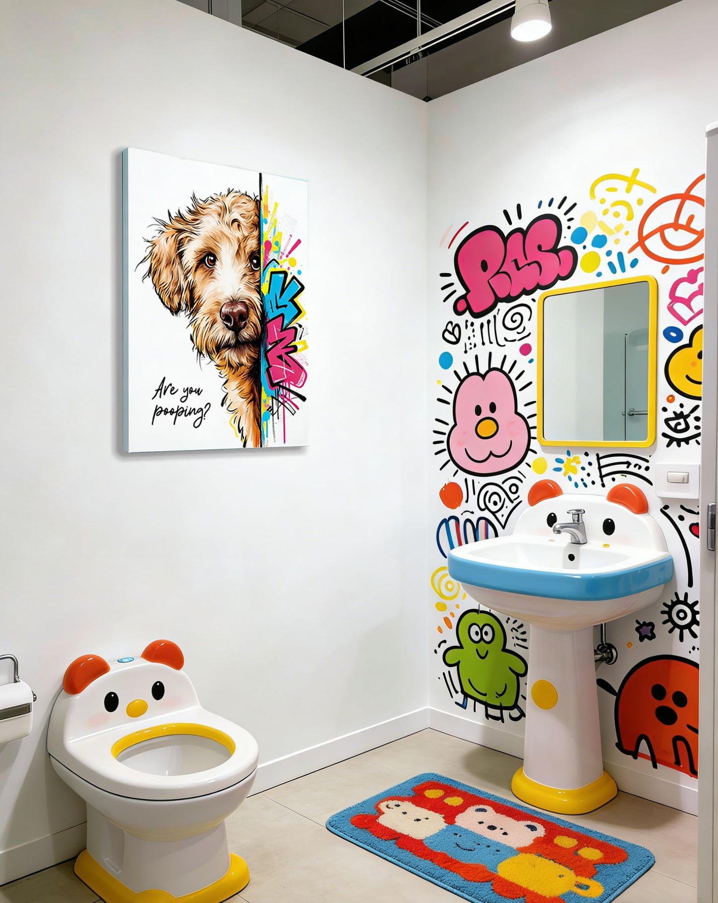 16x24“ Funny Goldendoodle Dog Bathroom Wall Art Painting, "Are You Pooping?" Graffiti Pet Canvas Print, Humorous Restroom Poster Decor for Washroom Bathroom Toilet, Modern Pop Art Dog Lover Gift (Framed)