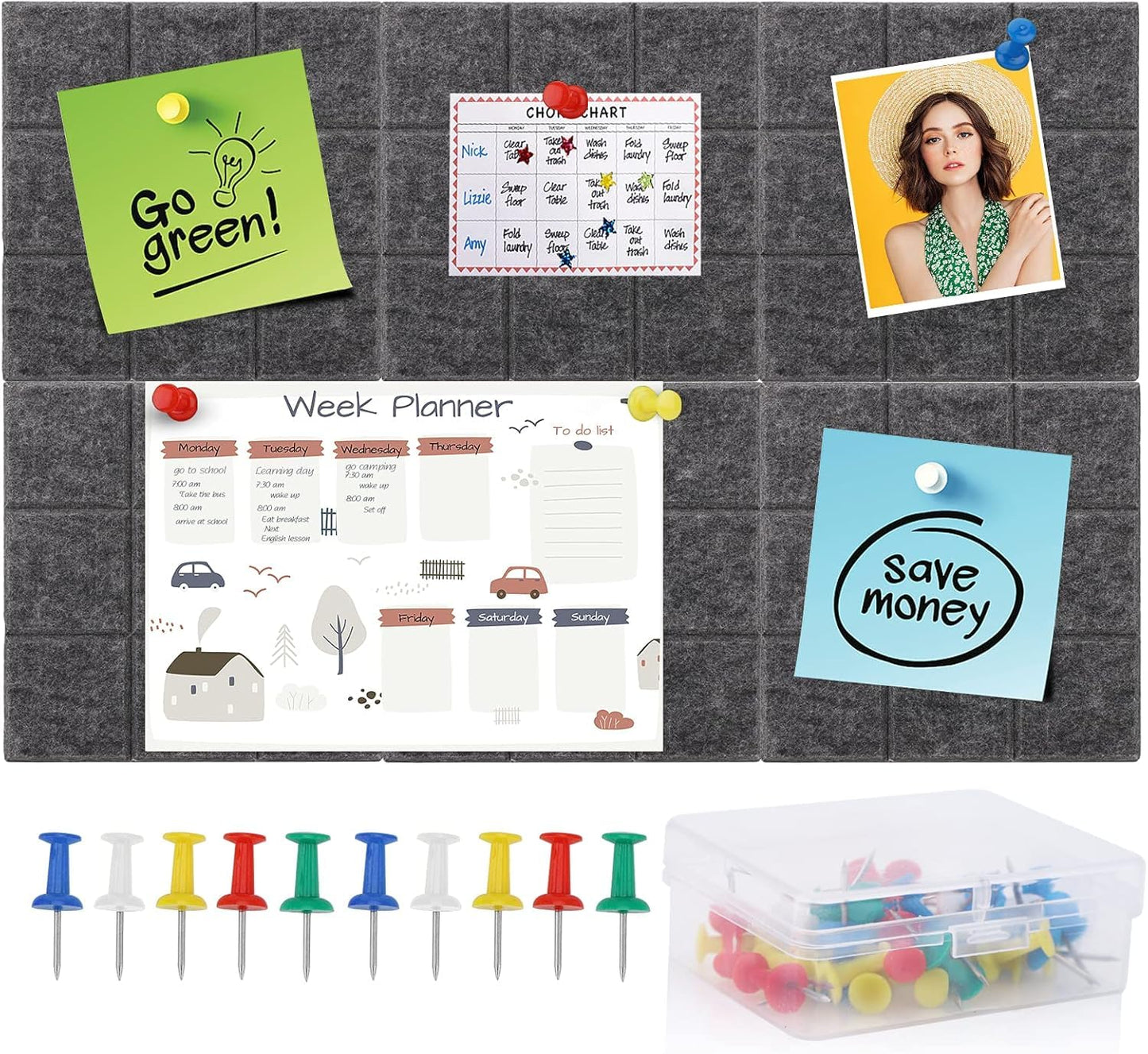 Yunihome Cork Board for Walls 36" x 24", 6 Pack Felt Bulletin Board Wall Tiles with 30 Push Pins for Home Kitchen School Office Wall DIY Decorative