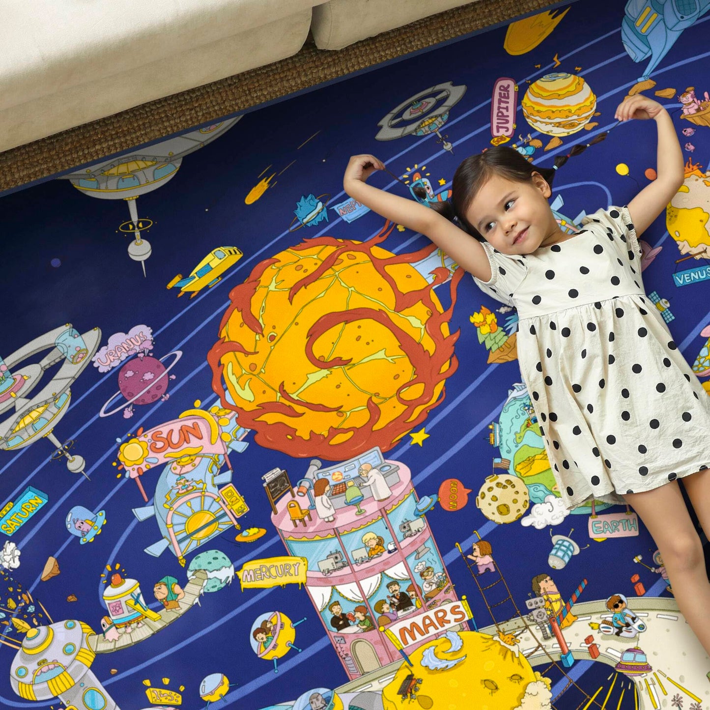 Hazo Haus Solar System Explorer 6x9 Kids Area Rug – Educational Outer Space Map with Planets, Rockets, Robots & Aliens – Ideal for Playroom, Classroom, Living Room, or Science-Loving Children