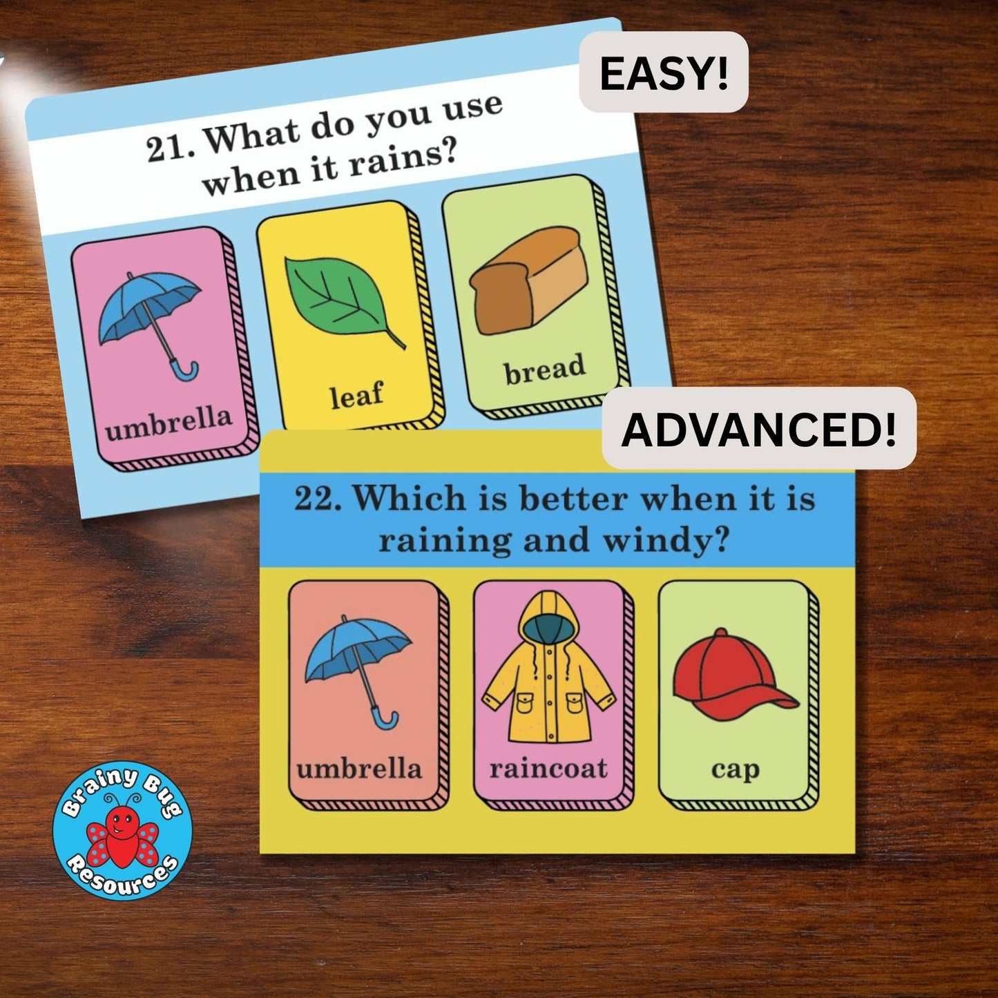 Brainy Bug Verbal Reasoning Flashcards | English Question & Answer Cards | 60 Questions | Two Levels of Difficulty | ESL | Special Needs | Home Schooling