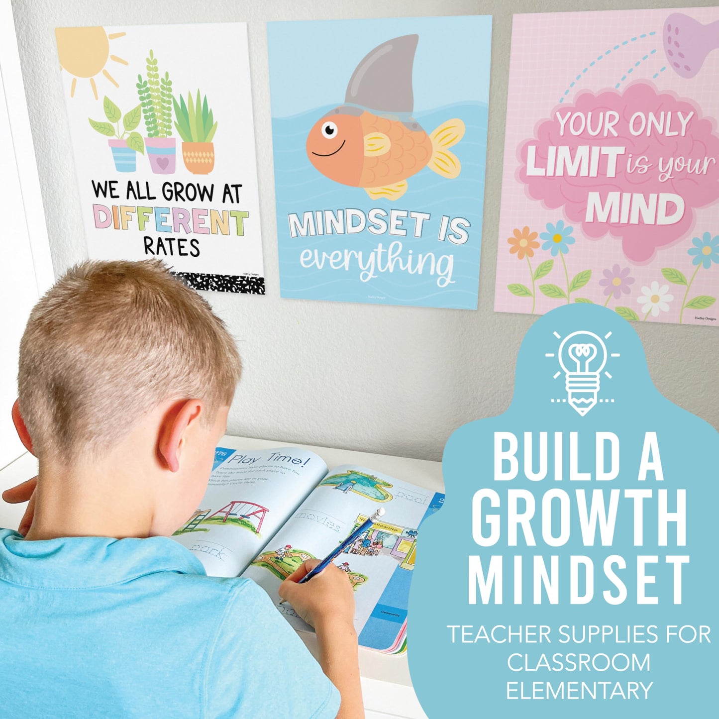 Hadley Designs Motivational Poster for Classroom Decor - 9 Growth Mindset Classroom Posters Elementary, Inspirational Wall Decor Middle School, Teacher Must Haves, Pastel Bulletin Board Decorations