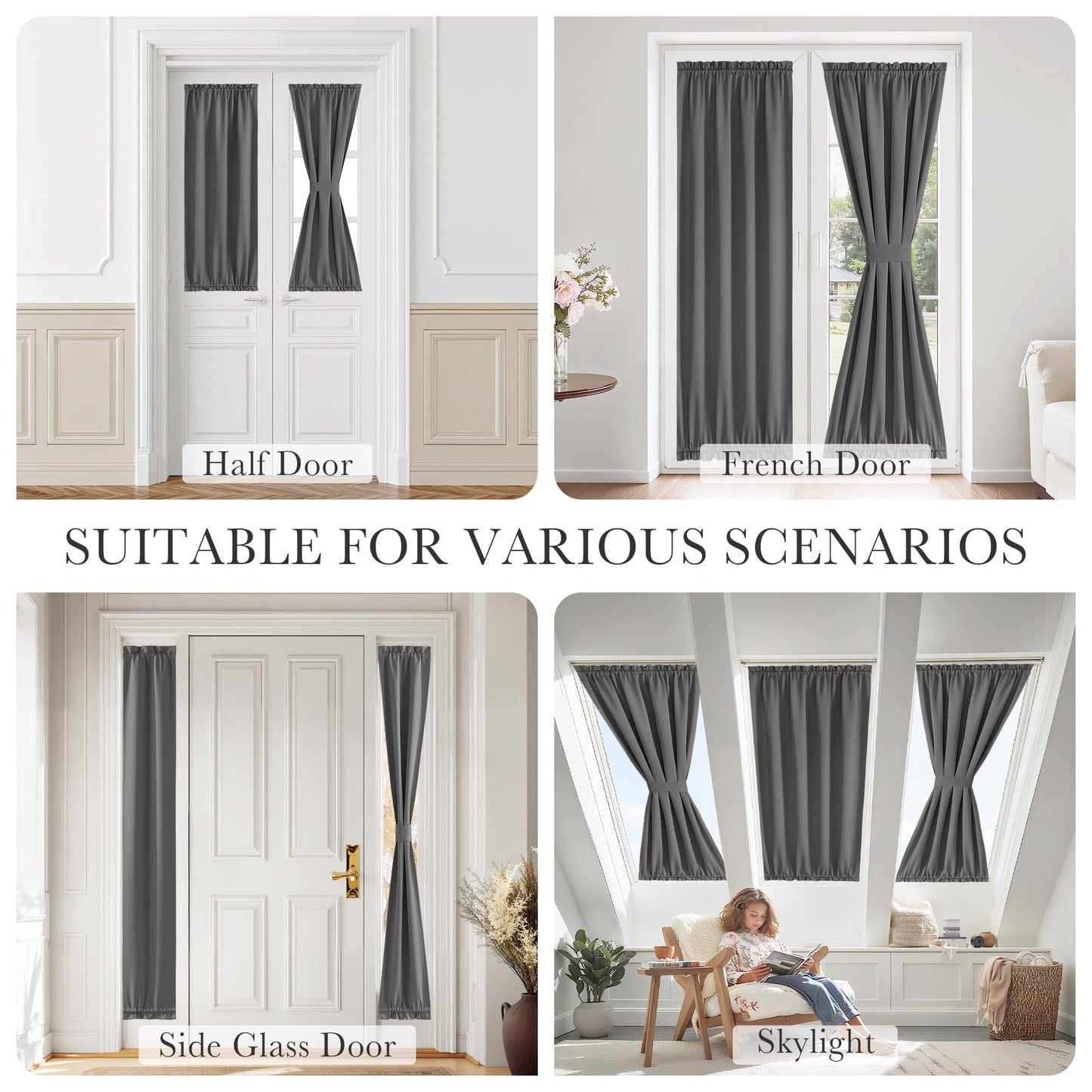 PONY DANCE Grey Back Door Curtains for Door Window, 100% Blackout Dual Rod Pocket Privacy French Curtain for Kitchen, Thermal Insulated Small Window Drapes for Classroom, W25 x L40, 1 Panel