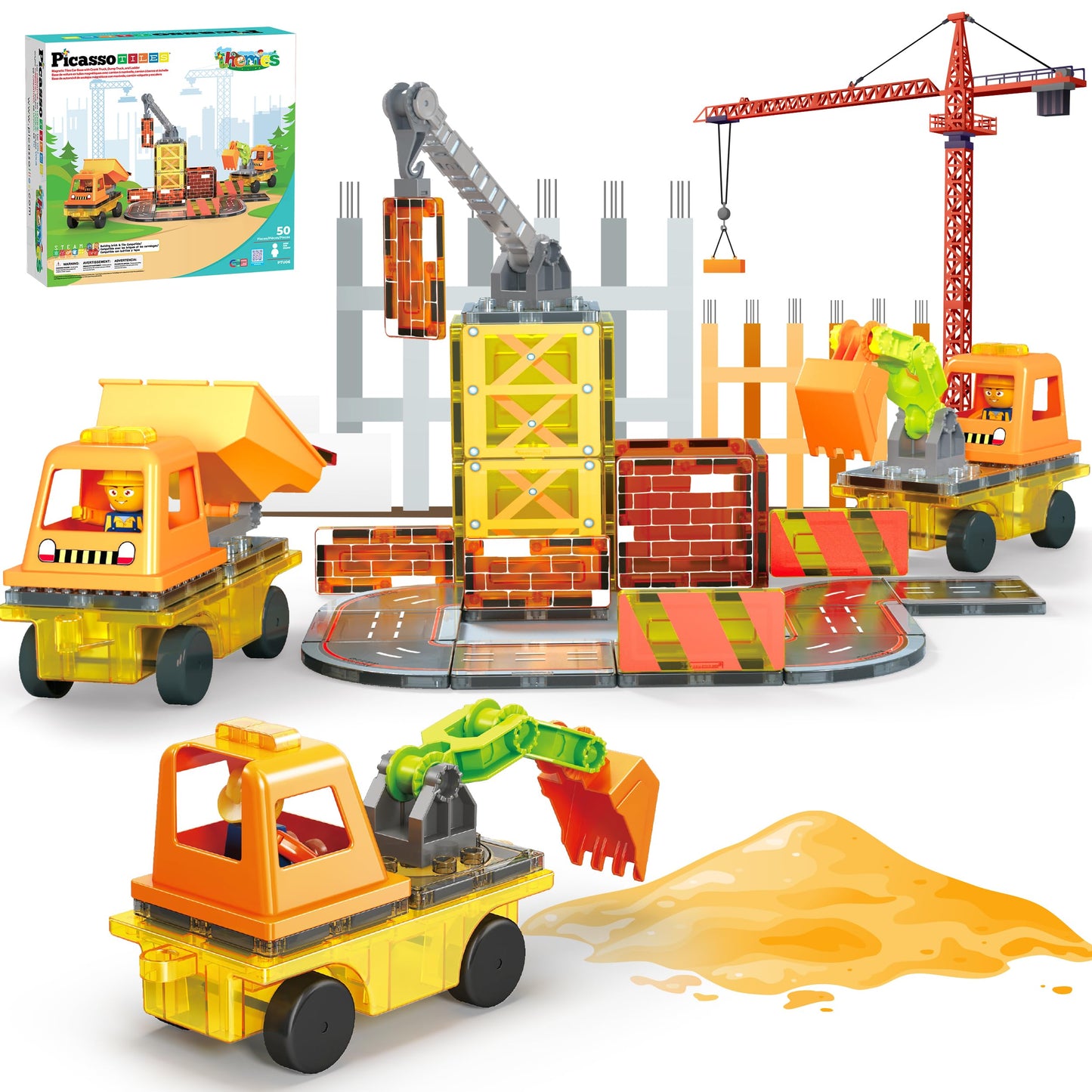 PicassoTiles Magnet Tile Construction Themed Building Blocks 5-in-1 Crane, Ladder, Dump Truck, Excavator, and Backhoe Action Figures, 2 Car Base Vehicles Magnetic Tiles Learning Toys Kids Ages3+ PTU06