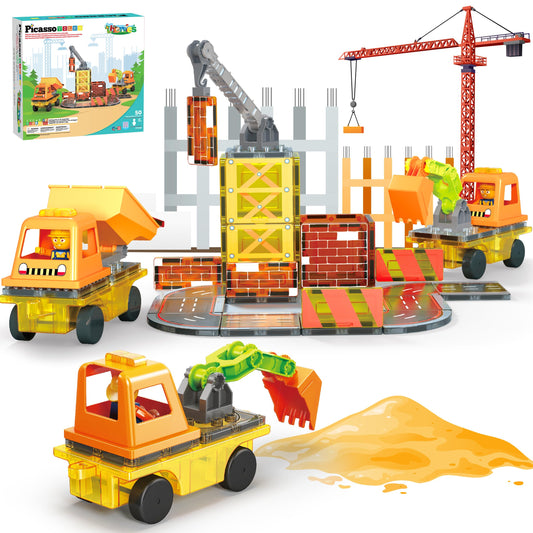 PicassoTiles Magnet Tile Construction Themed Building Blocks 5-in-1 Crane, Ladder, Dump Truck, Excavator, and Backhoe Action Figures, 2 Car Base Vehicles Magnetic Tiles Learning Toys Kids Ages3+ PTU06