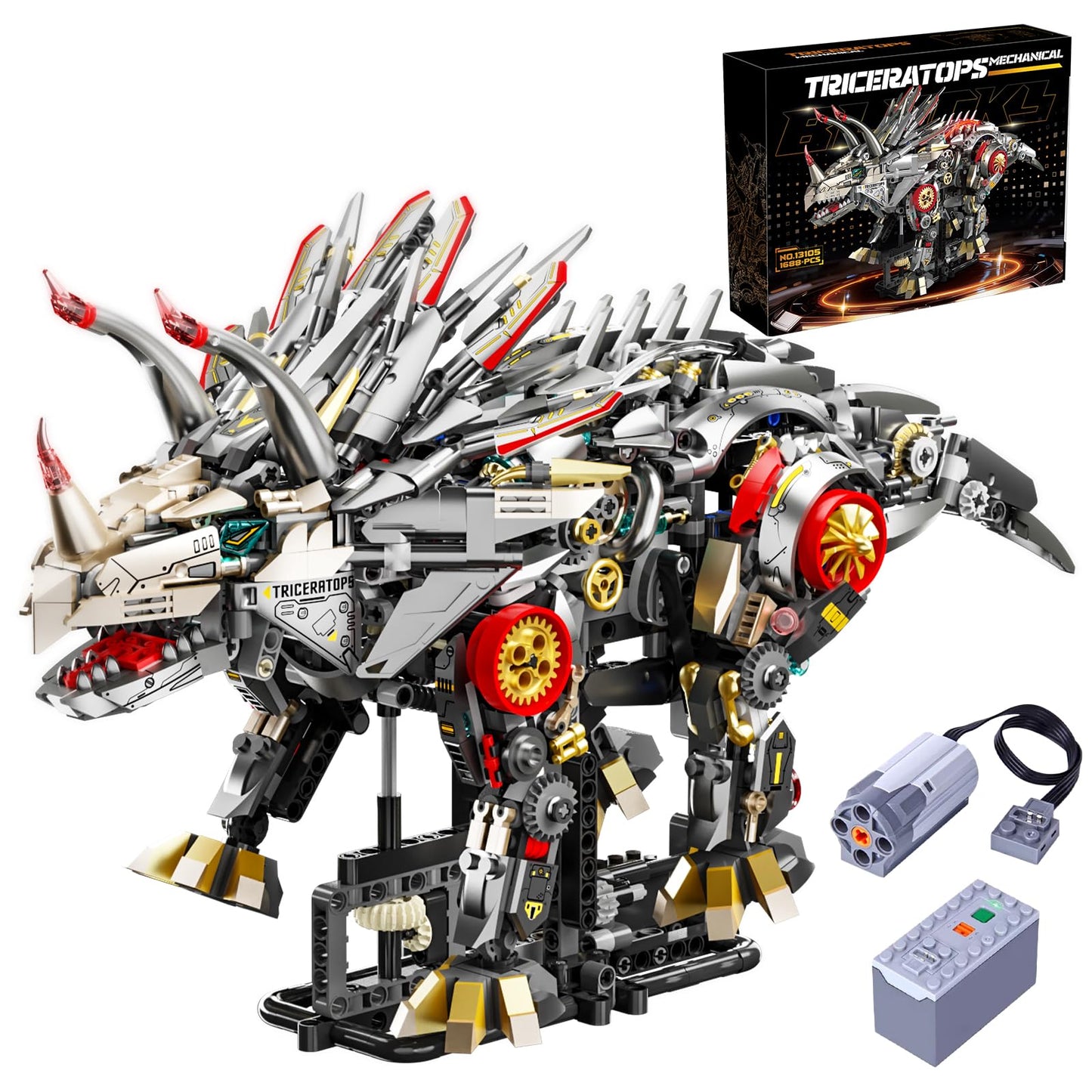 Myth Qholve Mechanical Triceratops Building Set with LED Lights, Engine & Generator, Remote Control Drive, Display Stand, Movable Gears, Large Scale RC Dinosaur Model for Home Office Decor, 1100+PCS
