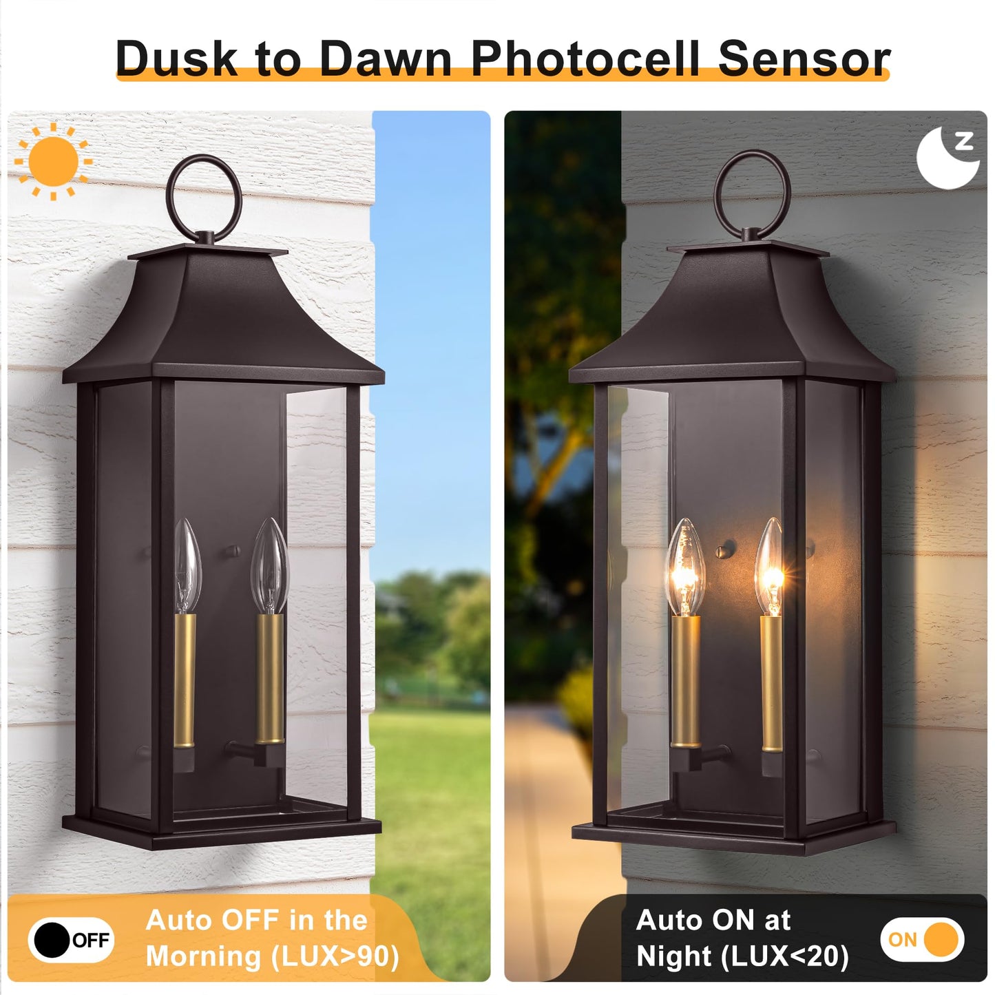 Lawyettle Outdoor Wall Light, 20.6in Bronze Dusk to Dawn Sconce, 2-Light Waterproof Aluminum Lantern, Model XG7008O-W2BR
