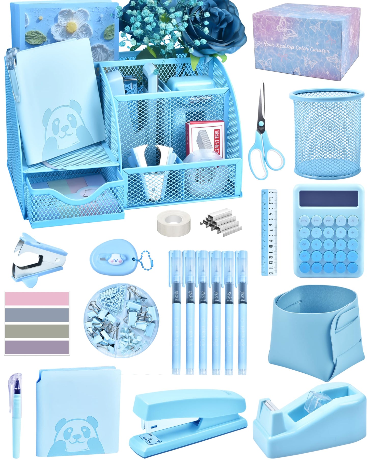 23pc Blue Desk Accessories and Organizers with Mesh Organizer Stapler Tape Dispenser Calculator and a Lot of Office Purple Office Supplies Beautifully Presented in a Gift Box