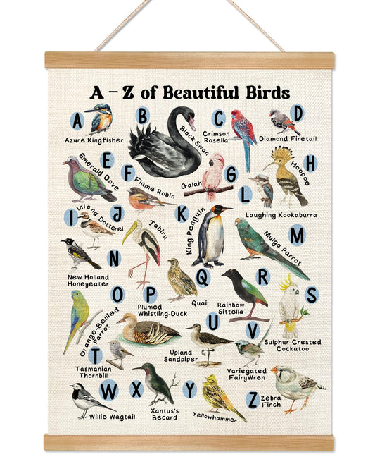 Alphabet Educational Wall Art Poster for Daycareof,A-Z Beautiful Birds Canvas Print Poster for Preschool, Toddler Learning Poster for Nursery Classroom Playroom,Kids Room Decor 14x18.5inch (1, Beige-Bird)