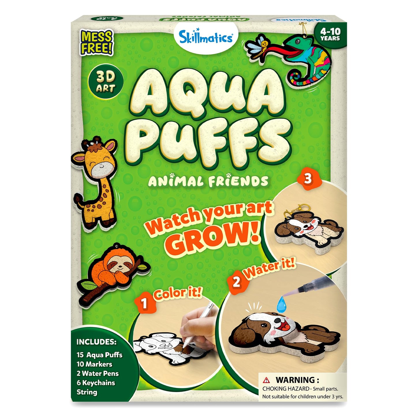 Skillmatics Aqua Puffs - 3D Art Kit, Animals, Mess-Free Paint by Number Craft for Kids, DIY Color Activity, Screen-Free Entertainment, Travel & Creative Gift for Girls & Boys Ages 4, 5, 6, 7, 8, 9, 10