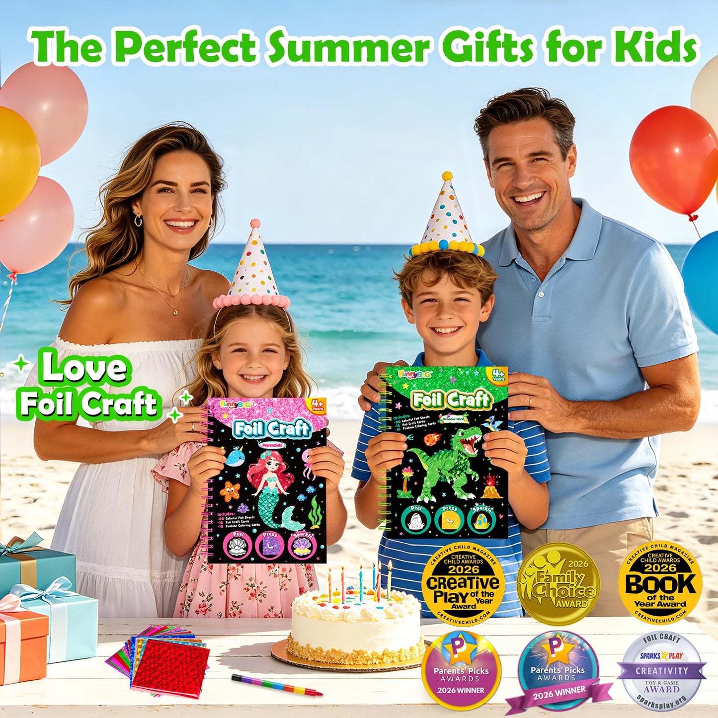 FUNNYB&G Foil Art Craft Kit for Boys 4-10 Years Old: Mess-Free & No-Glue, Create 16 Sparkly Dinosaur World Pictures – Perfect Travel Toy & Birthday Gift for Kids (Dinosaur World)