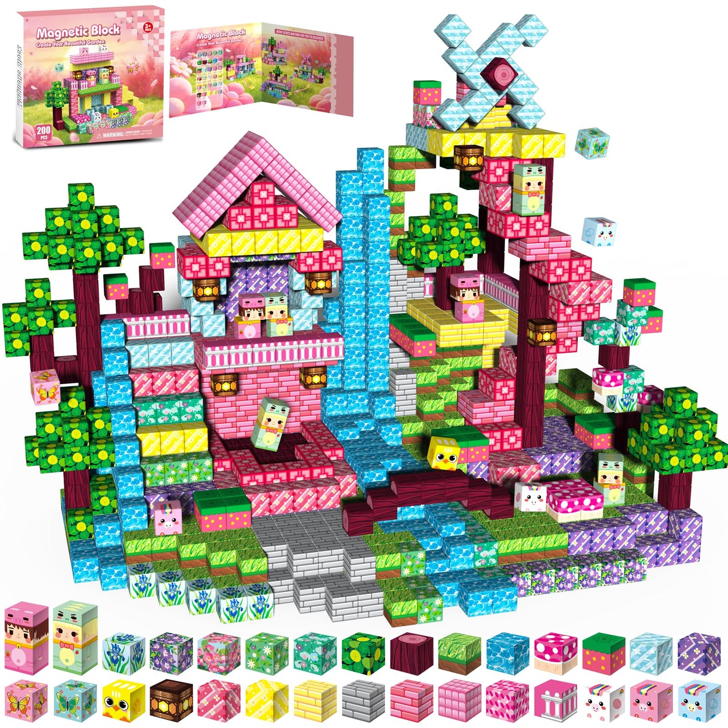 Gryxpox 200 PCS 0.8in Magnetic Blocks,Magnetic Building Cubes, Build Flower World Set,Stacking Magnets, STEM Sensory Toys for Ages 3+ Toddlers Kids Girl Boys Easter Birthday Gifts