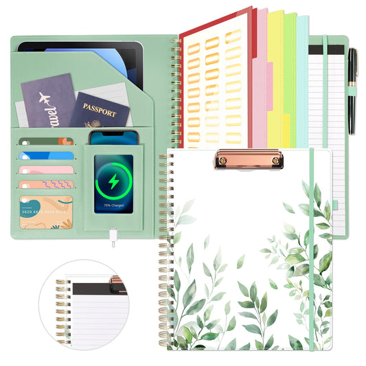 Ospelelf Clipboard with Storage, Leather Padfolio Portfolio Organizer 5 Folders with 10 Pockets, Spiral Clipboard Folio with Notepad for Letter Size, Elastic Closure and Pen Loop Green Plants