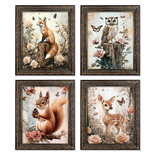 Locomiss Vintage Floral Fox Owl Squirrel Deer Animal Wall Art Decor, Cottage Country Junk Wildflower Animal Prints Posters for Kids Nursery Room Bedroom Playroom Wall Decor, Set of 4, 8x10 Unframed