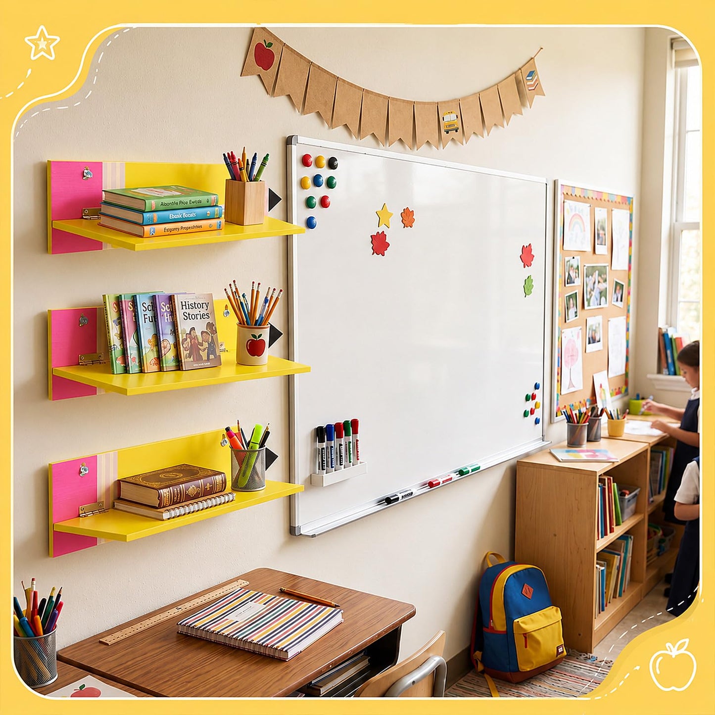Fumete 3 Pcs Back to School Pencil Shaped Wall Shelves 9.8 x 4.7 x 3.5 Inches Wooden Pencil Theme Floating Shelf for Classroom Wall Bookshelf Organizer for Back to School Supplies Classroom Decor