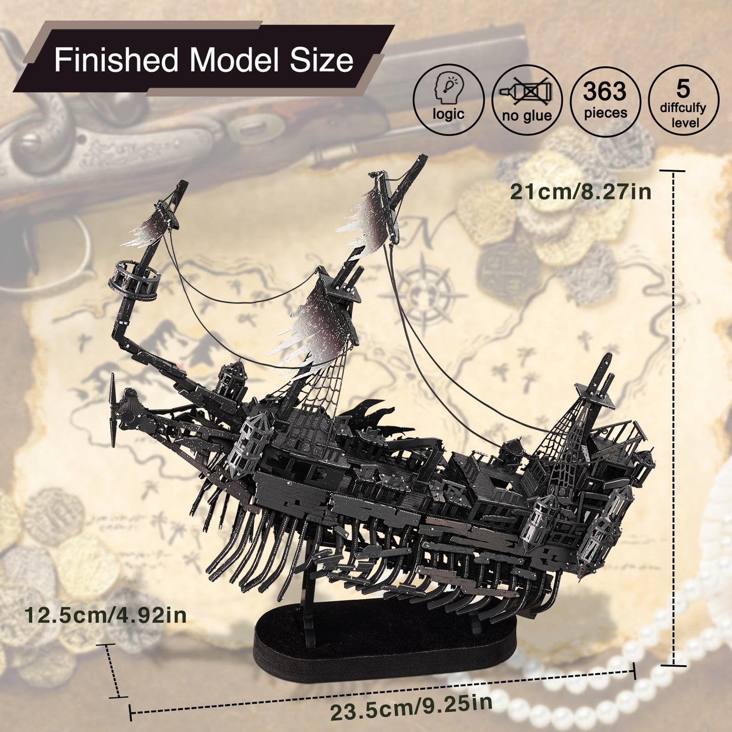 Piececool 3D Puzzles for Adults, Sea Ghost Pirate Ship DIY 3D Watercraft Metal Model Building Kits, Difficult 3D Puzzles for Family Time, Great Christmas Birthday Gifts