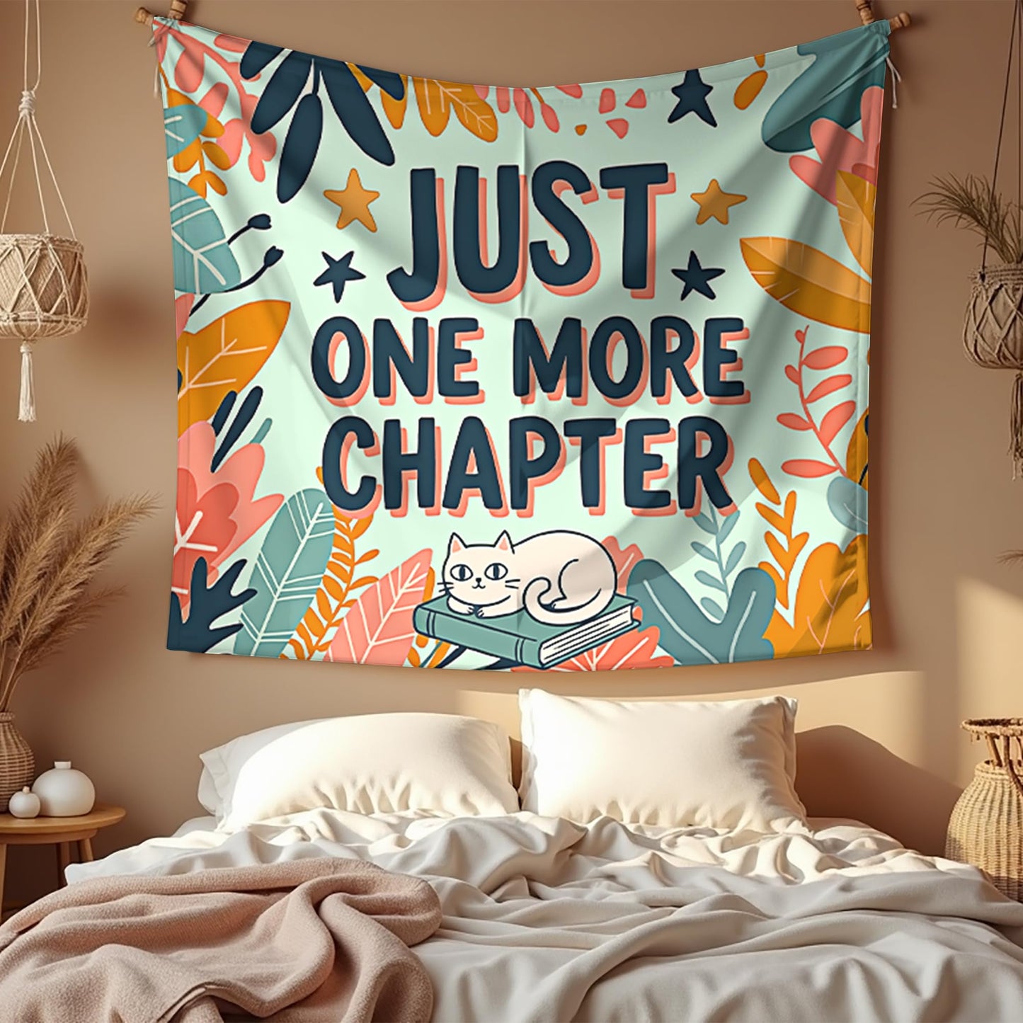 Elmsfell Just One More Chapter Tapestry - Cute Cat Reading Book Wall Art, Cozy Library Reading Nook Aesthetic, Classroom Teacher Decor (50x60)
