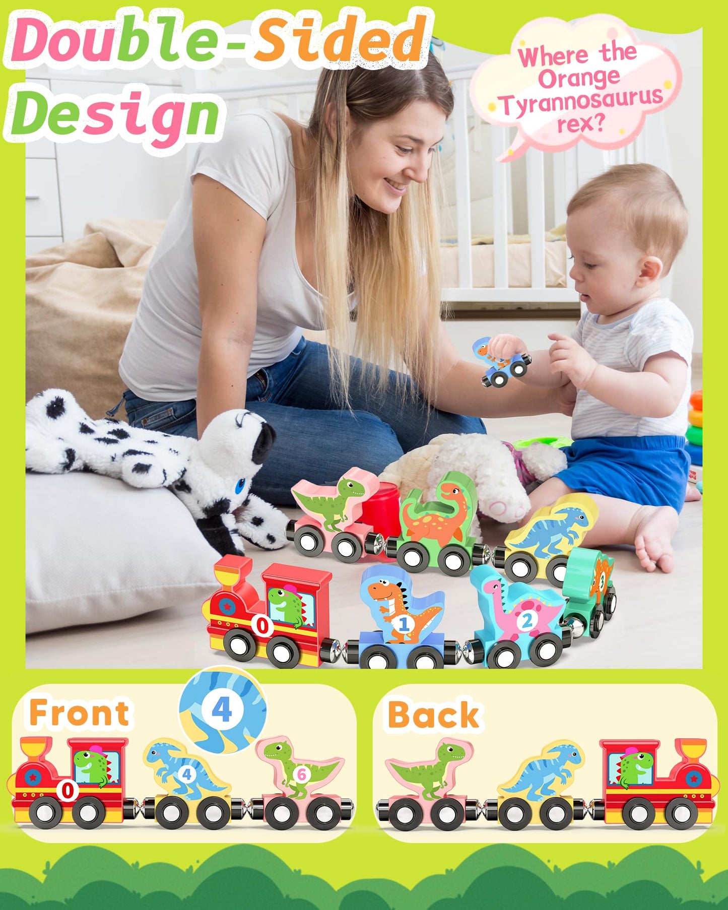 11 Pcs Magnetic Dinosaur Train Set Montessori Toys for 1 2 3 Years Old Toddlers Boys Girls, Wooden Dinosaur Preschool Learning Activities Educational Sensory Toys Birthday Gifts Ages 1-3, 2-4