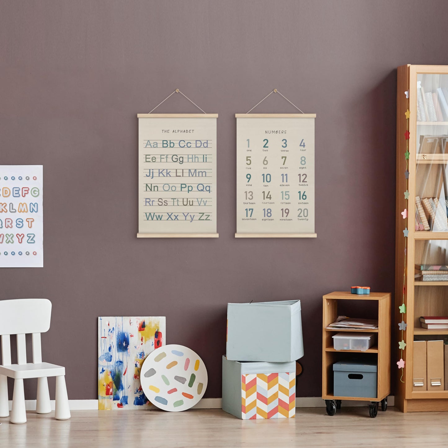 HRQKO Alphabet Numbers Poster Hanger Frame Set of 2, Nursery Wall Decor, Boho ABC Poster Wall Art with Wooden Frames, Alphabet Banner Wall Hanging Decor for Boy Toddler Room Playroom, 16x24 inch