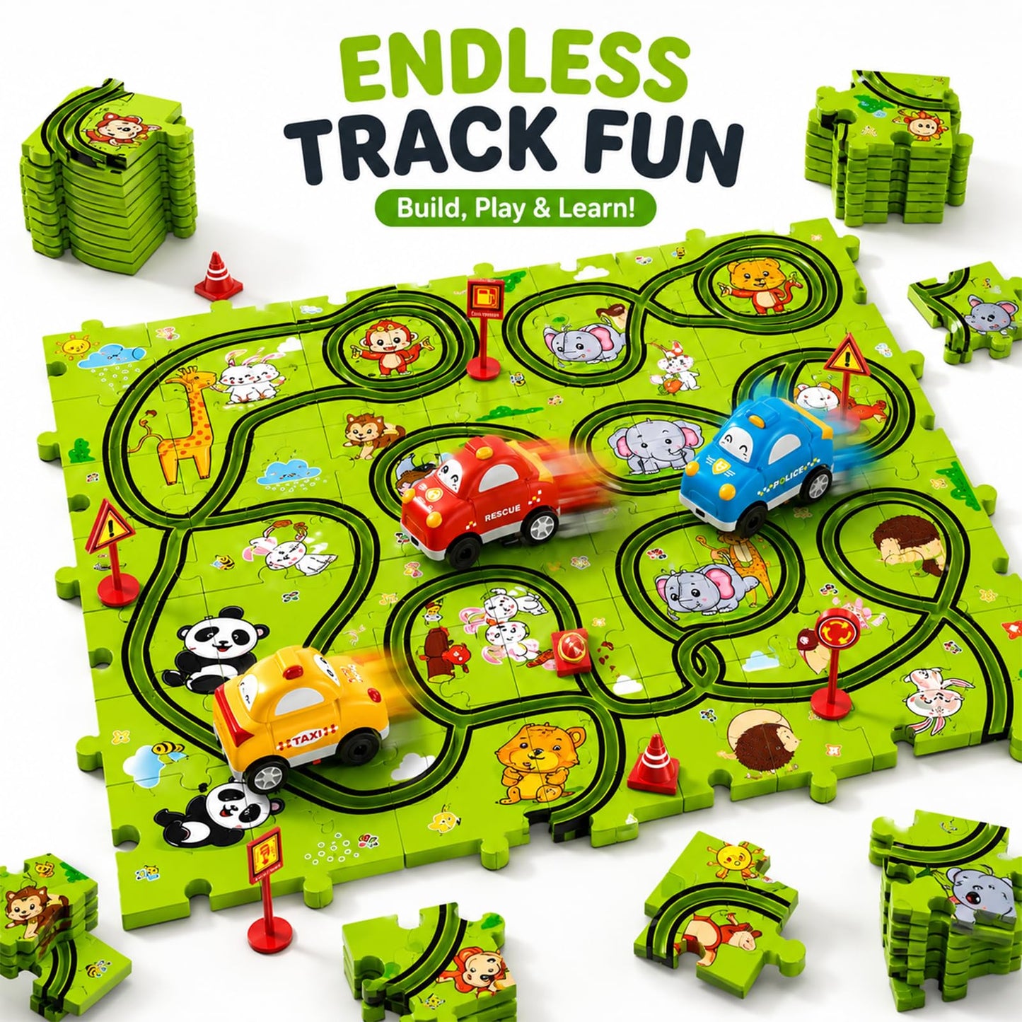 Beby Buty 64PCS Puzzle Race Track Car Set for Kids Boys, Floor Puzzle Tracks Car Toys for Boys Girls Ages 3-5 4-6, Toddler Toys Gifts for 3 4 5 Year Old, Ideal 3 4 5 6 Year Old Birthday Gifts