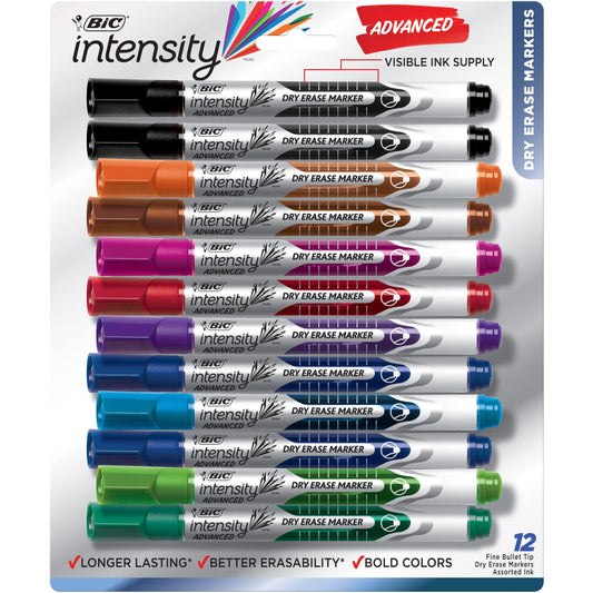 BIC Intensity Advanced Colorful Dry Erase Markers, Bullet Tip, Whiteboard Markers for Teachers and Students, School Supplies, 12-Count Pack of Assorted Colors
