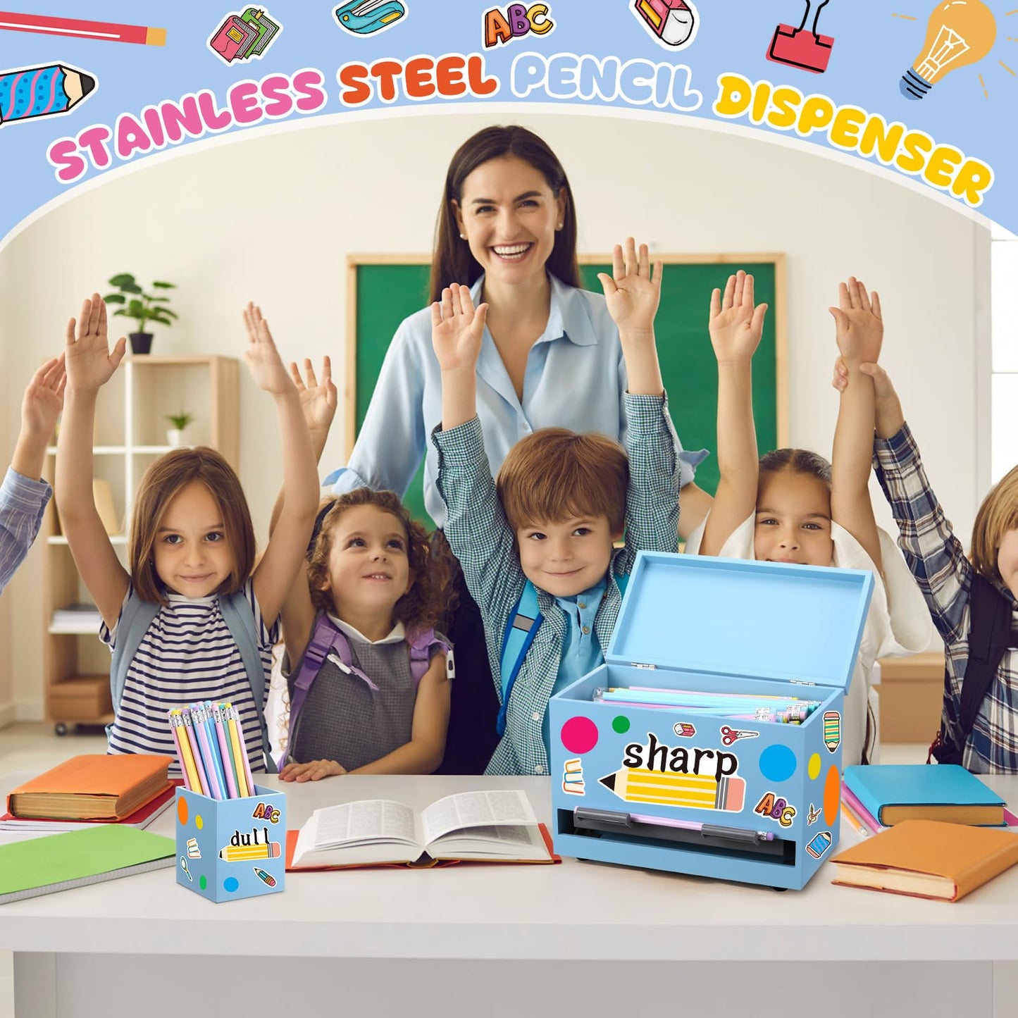 Watersay 108 Pcs Pencil Dispenser Kit for Classroom Wooden Sharp and Dull Pencil Holder 50 Pencils 50 Sharpener 6 Sticker Classroom Teacher Must Have Straw Dispenser for Back to School(Yellow)