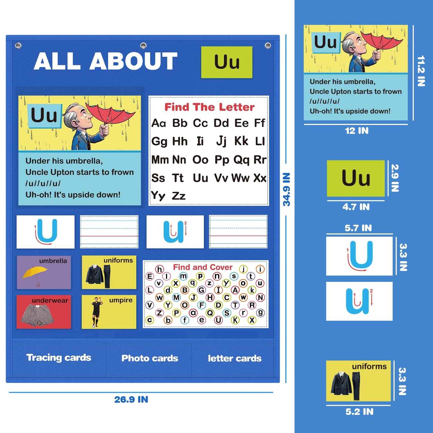 Alphabet Learning Pocket Chart, Alphabet Wall Chart for Toddlers 1-3, Handwriting Practice Letter Tracing Circle Time Learning Center for Classroom, Preschool Classroom Must Haves XL35x 27"