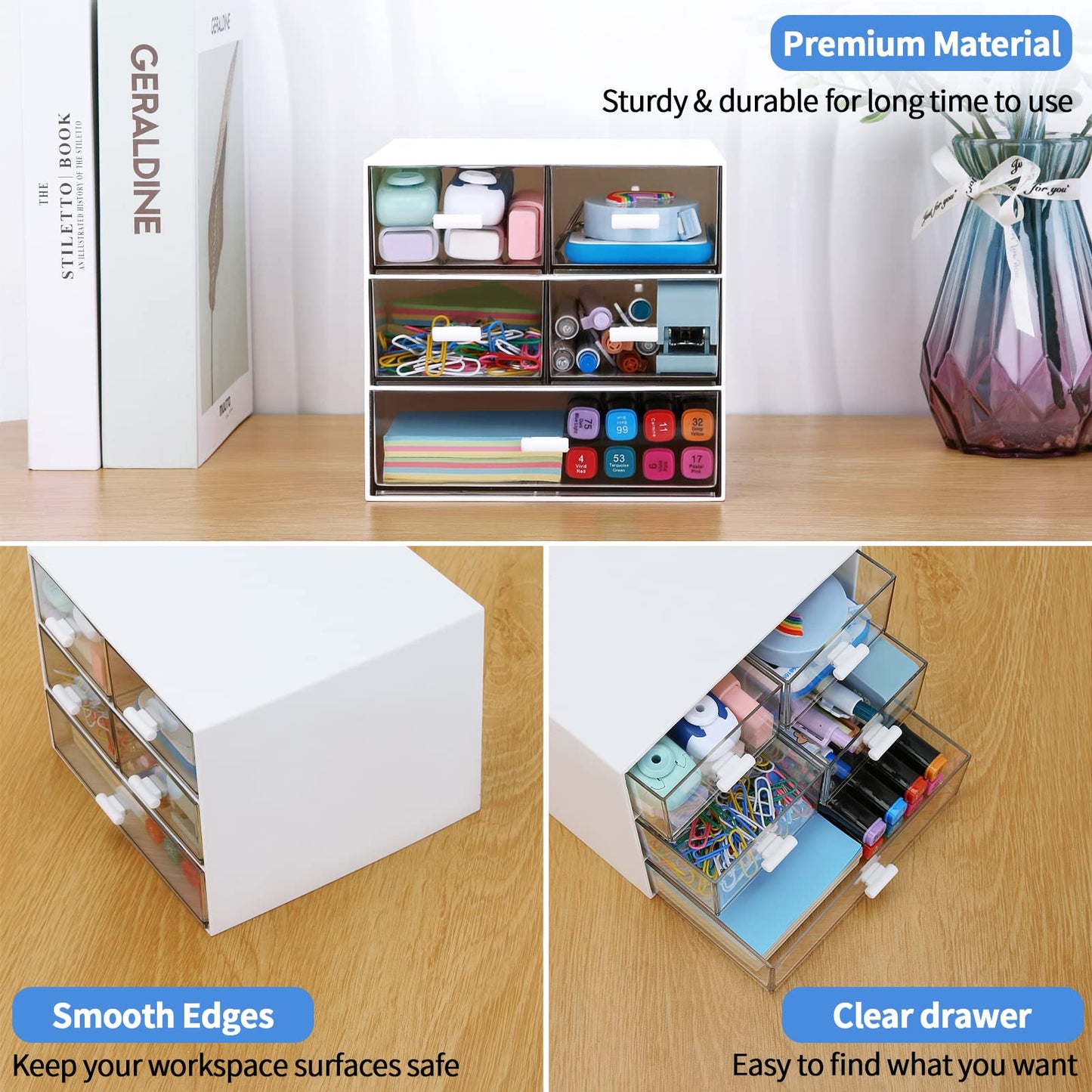 Desk Organizer with 5 Drawers, Rectangular Office Stationery Supplies Desktop Drawers, Plastic Makeup Storage, Suitable for Office, School, Home (White & 5 Drawers)