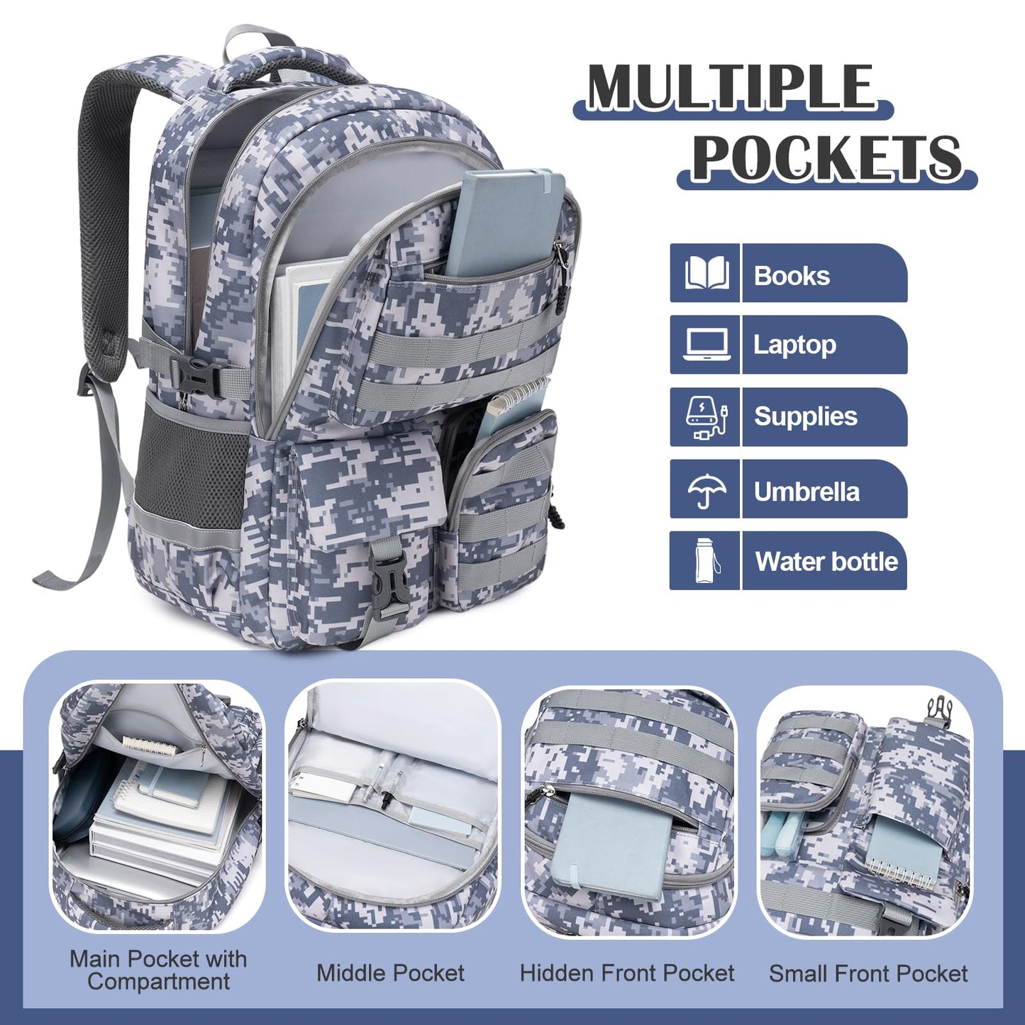 DIGOBAY Camo Backpack for Boys, Tactical Boys Backpack for School, Kids Backpack With Lunch Box Pencil Case USB Charging Port Military Army Book Bags for Boy Teens Kids Elementary Middle High School