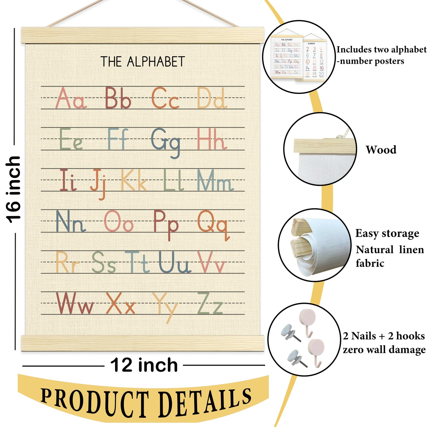 Numbers Alphabet Poster for Toddlers,Educational Wall Chart for Nursery Kids Learning, Homeschool & Playroom Decor and Bedroom for Wooden Hanger Frame Set of 2, 12x18 Inch - A01