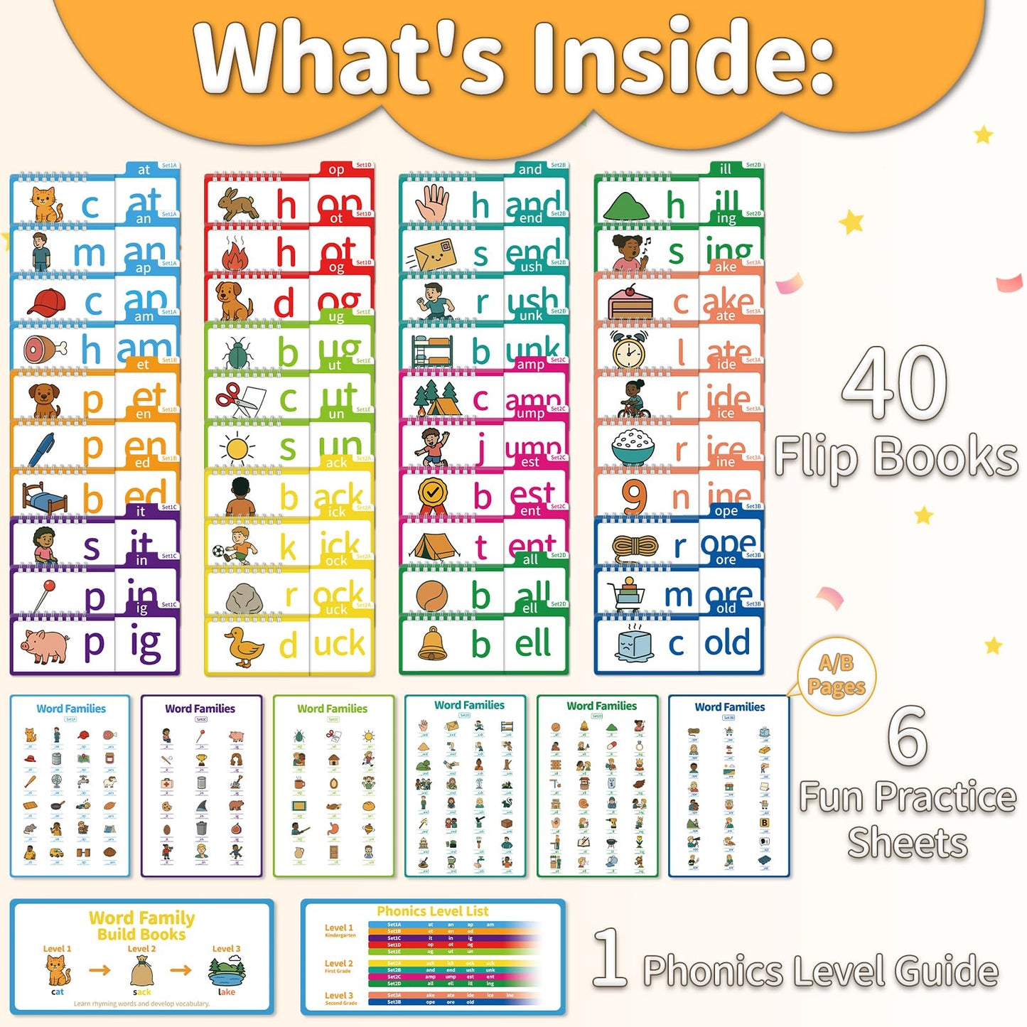 Phonics Flash Cards & Word Family Build Book, 40 Read & Rhyme Flip Books, Learn to Read for Kids Ages 3-8, Engaging Educational Tools for Preschool-Kindergarten, Fun Sight Word Games & Phonics Games