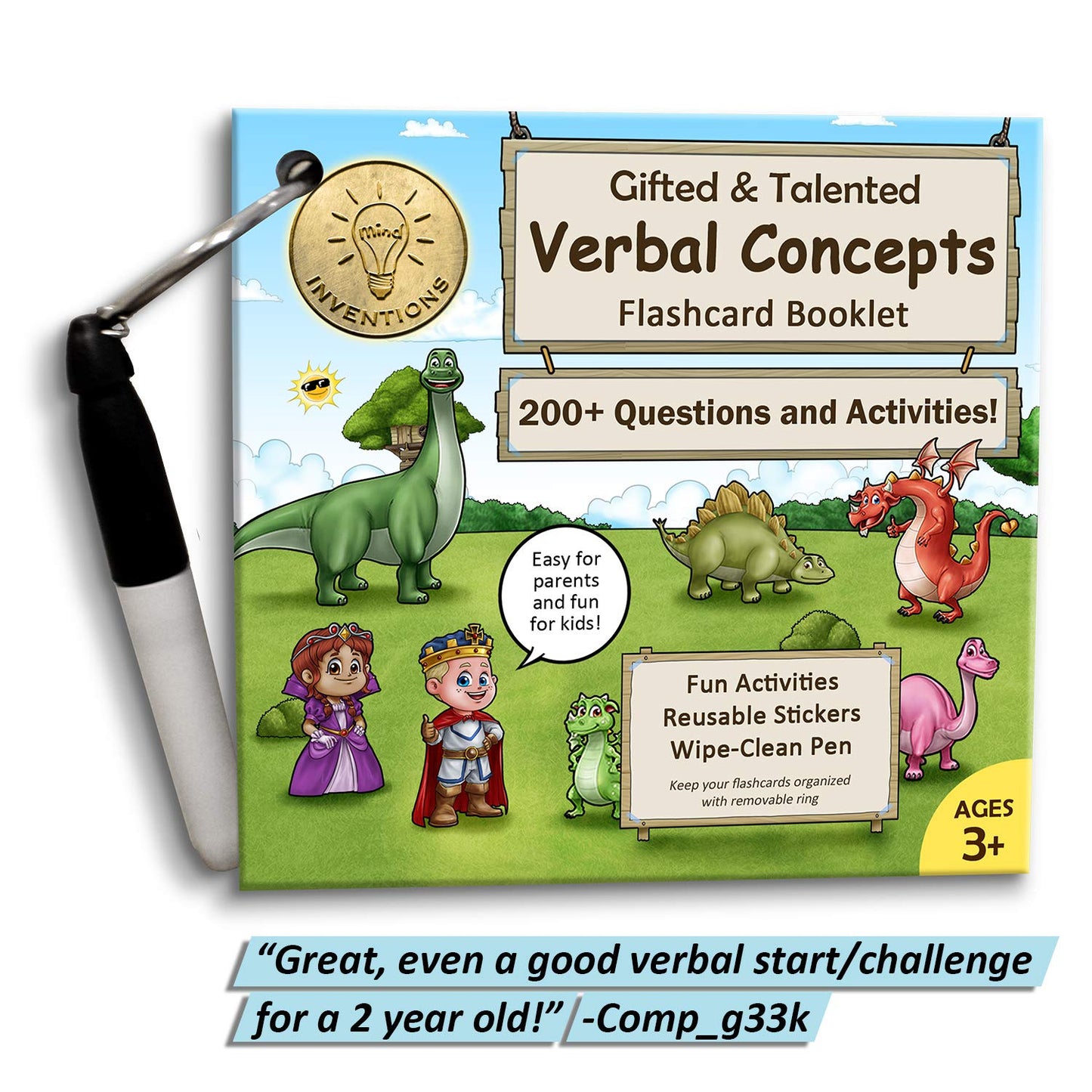 Gifted and Talented Flashcards (Wipe Clean) - Essential Verbal Concepts and Vocabulary; for Pre-K - Kindergarten; 90 flashcards with Over 200 Questions, Stickers, Fun Activities, Games, Pen Included