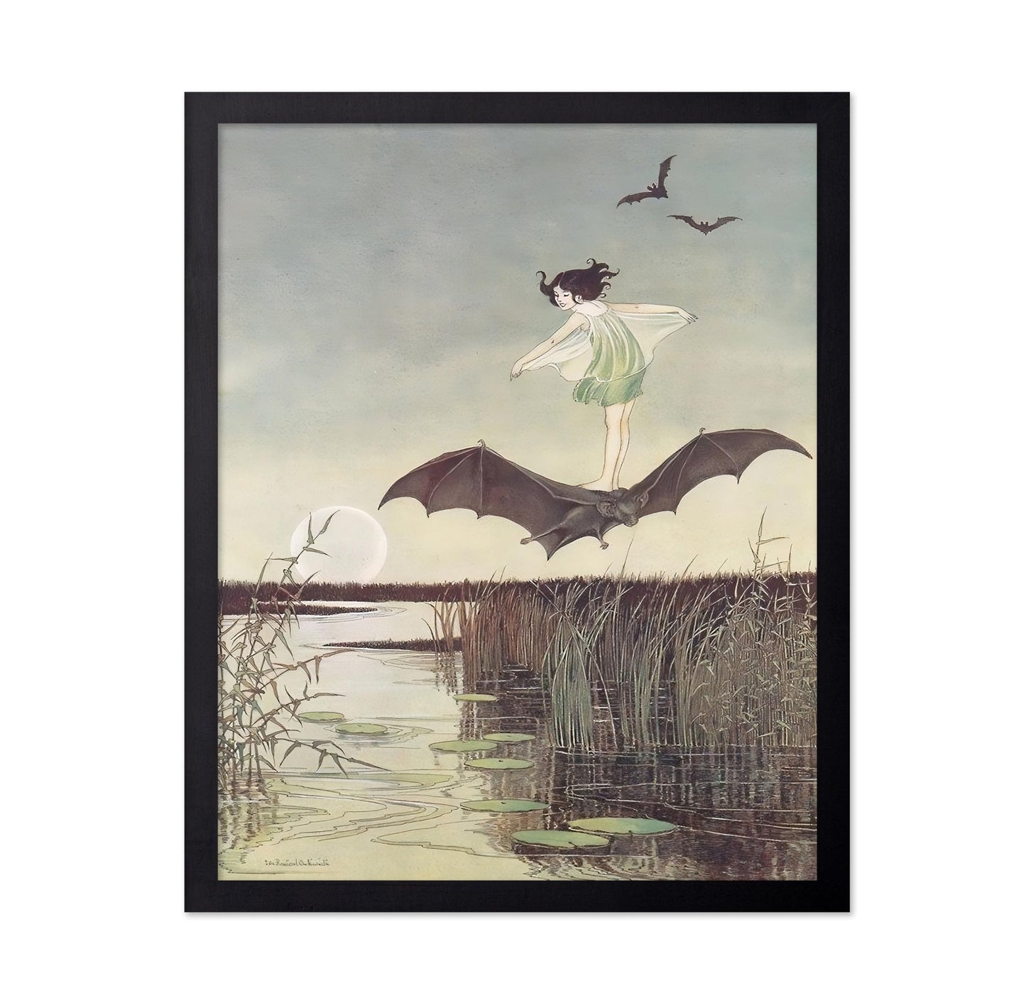 Poster Master Vintage A Winged Fairy and Black Bat Poster - Fairytale Print - Mythical Art - Fairy Art - Sunset Creative - Halloween Showcase - Aesthetic Living Room or Bedroom Display - 8x10 UNFRAMED Wall Display